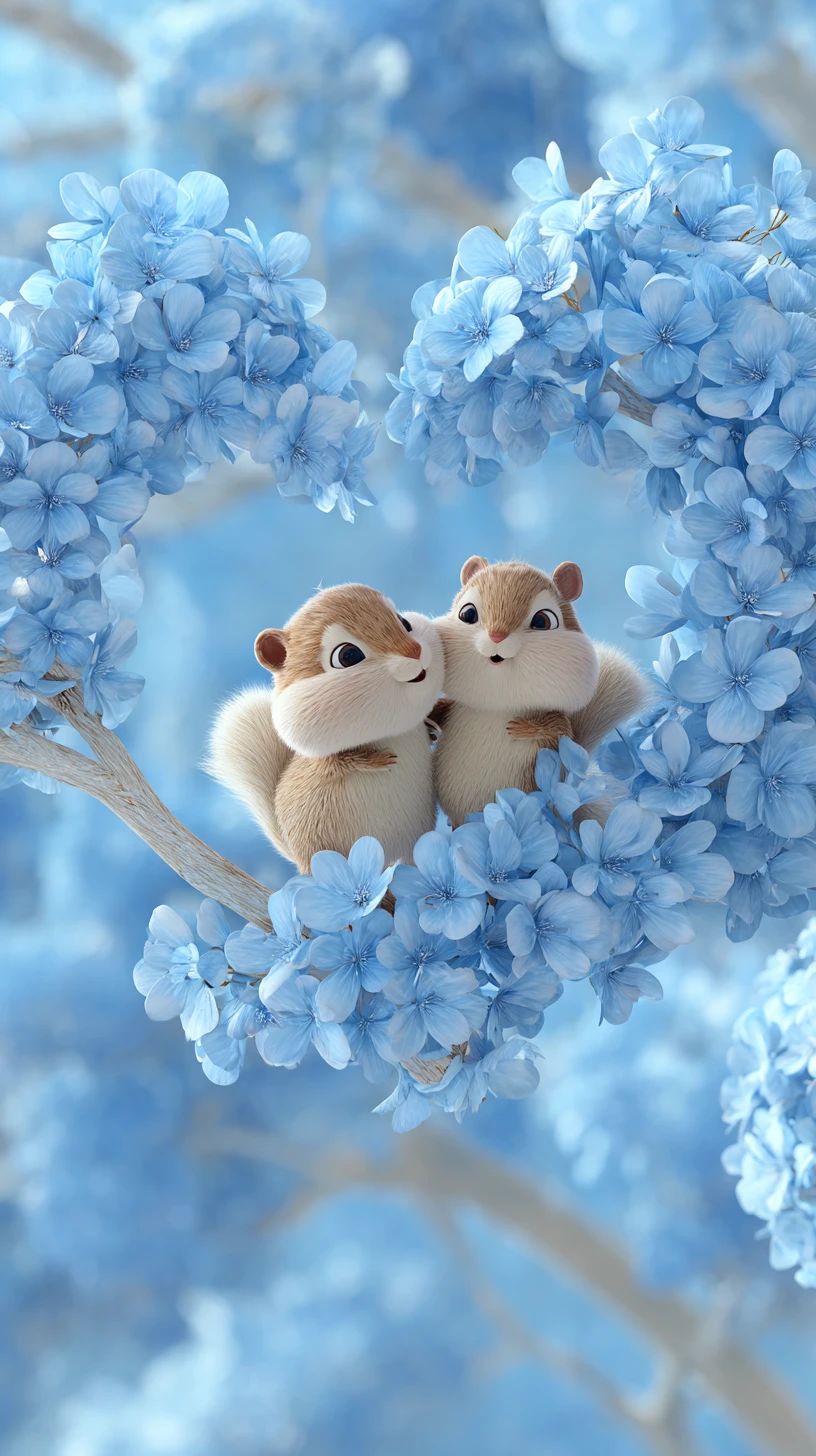 Two cute 3D squirrels on a flowering tree branch