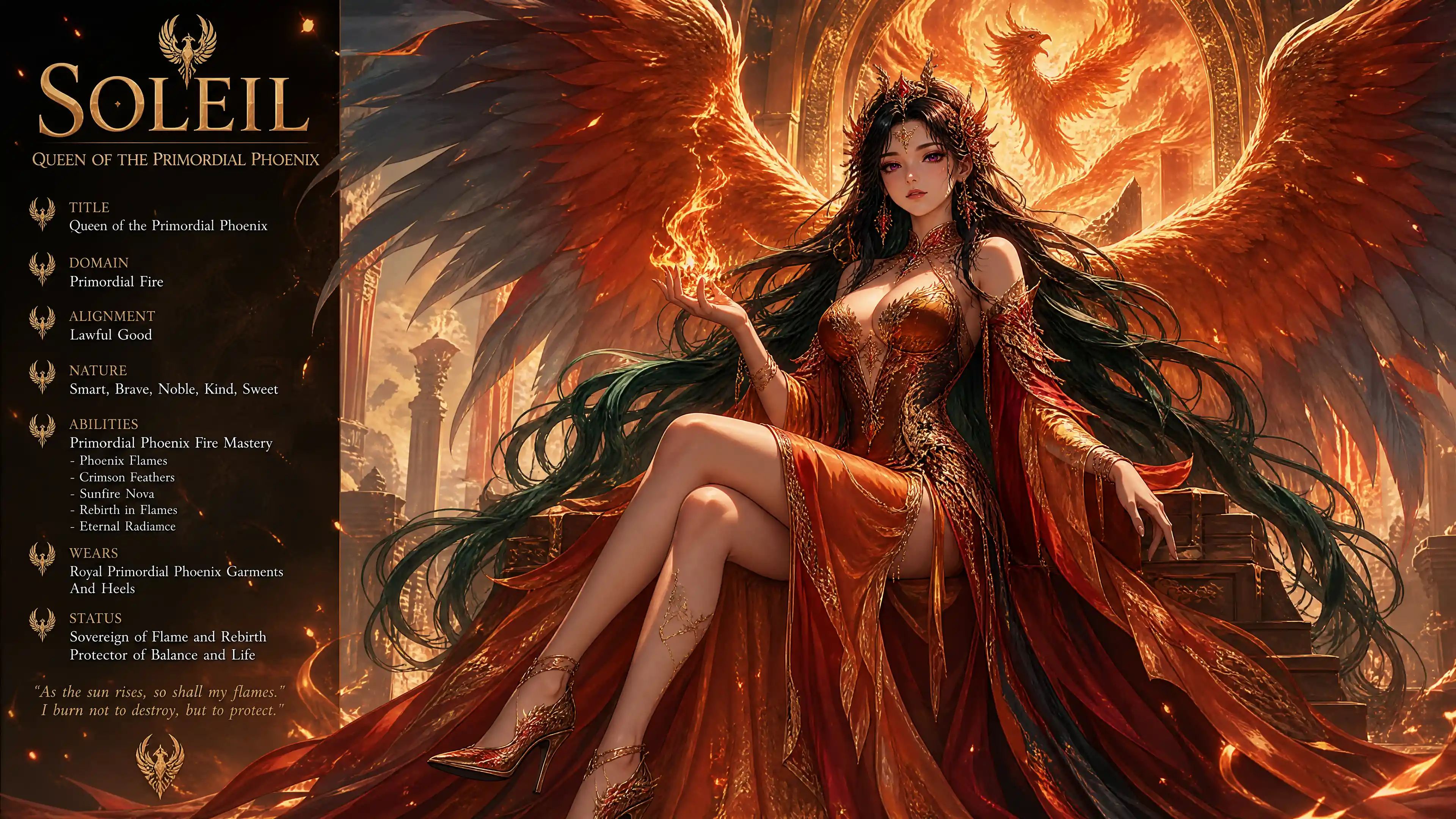 Phoenix queen with fiery wings and flowing dark hair