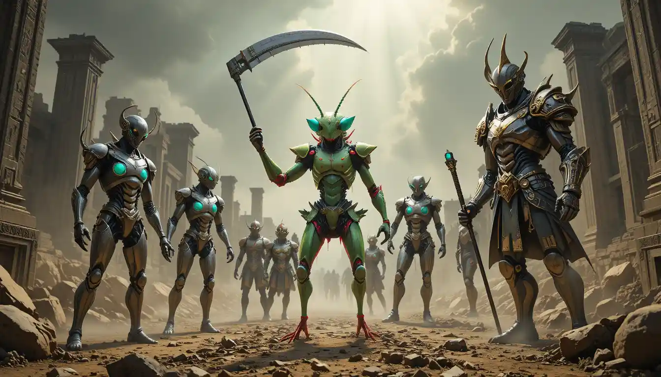 Praying mantis warlord and allies in shattered ancient ruins