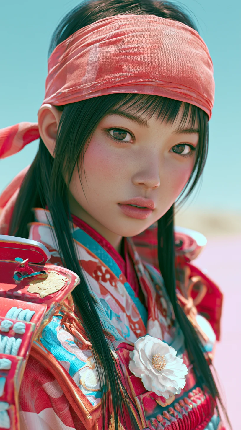 Von Samurai inspirierte japanische Frau mit rosa Stirnband – Porträt