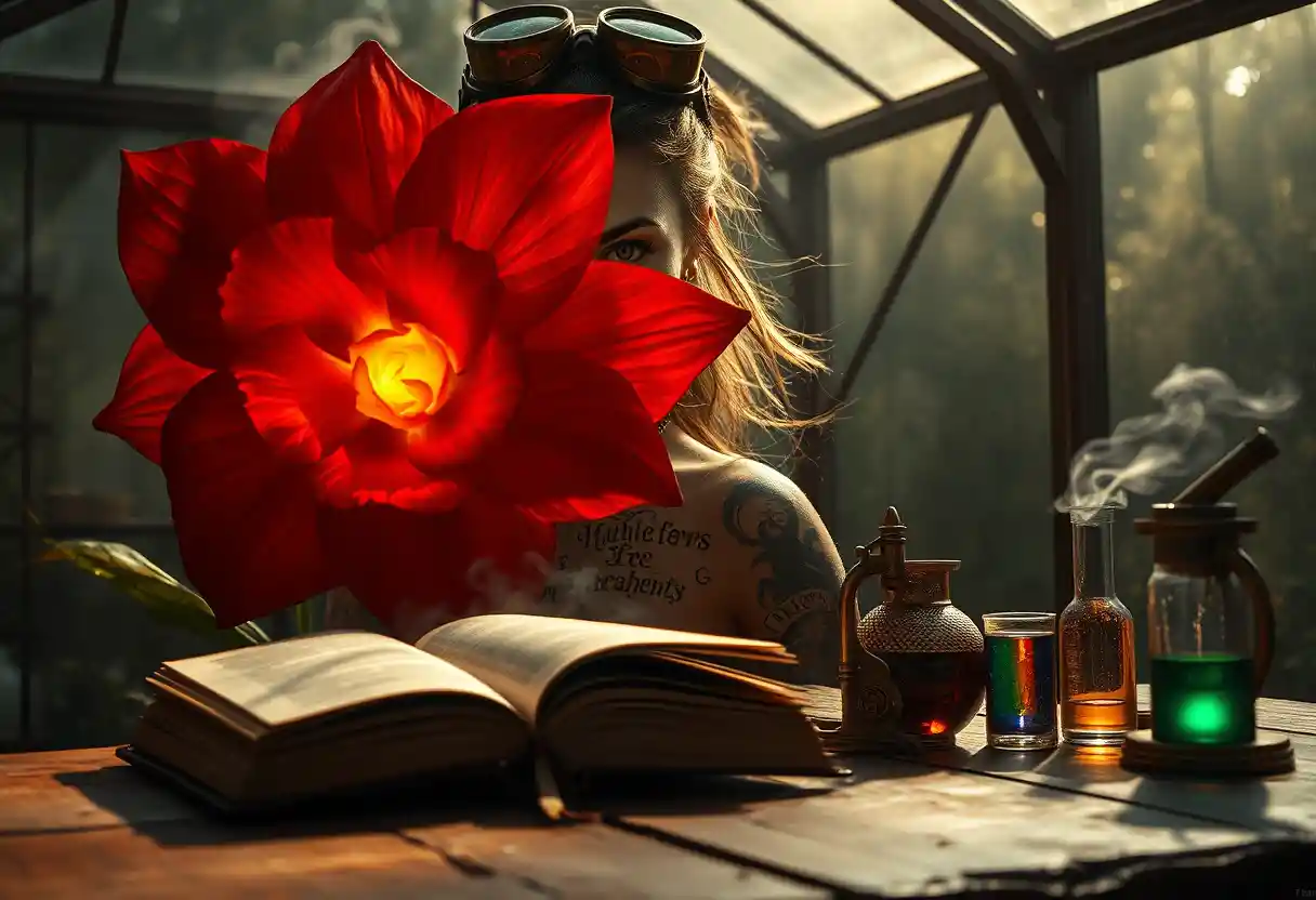 Steampunk alchemist woman with burning crimson flower