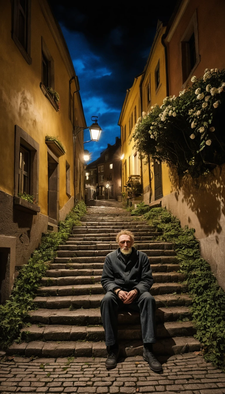 Old man on stone steps watching a glowing white flower