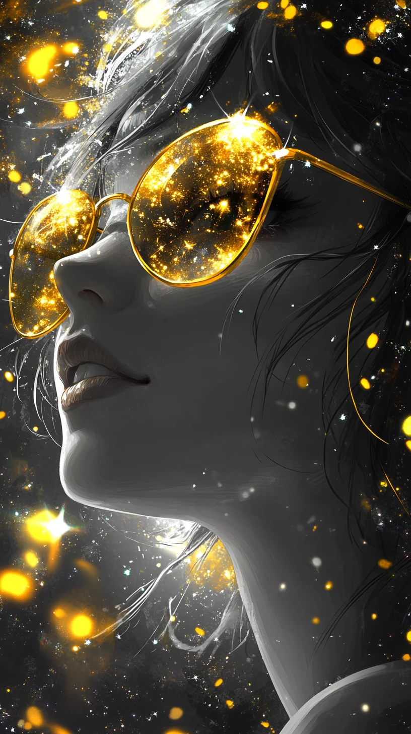 Mujer de anime sonriente con gafas de galaxia en el bosque