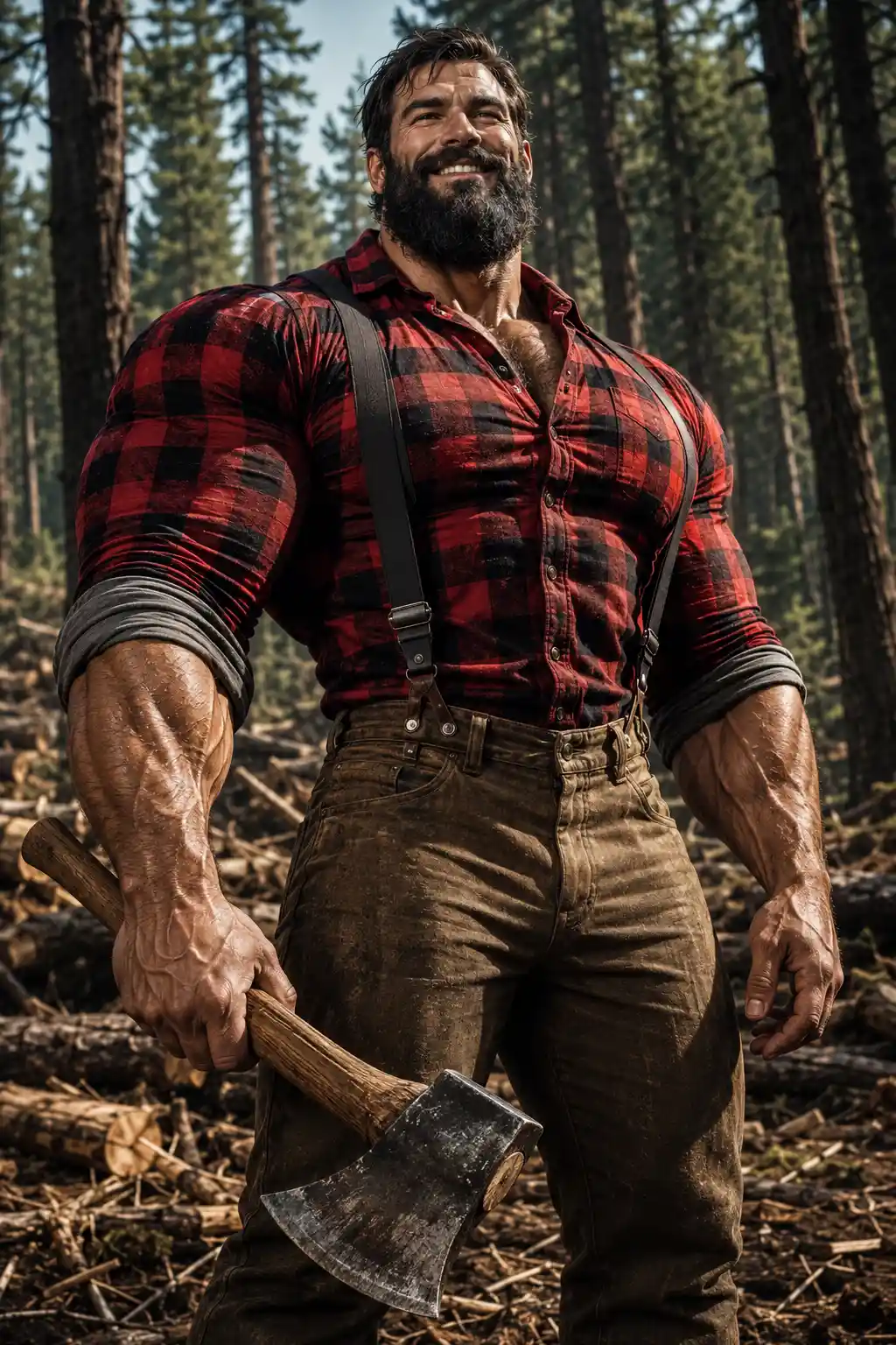 Smiling lumberjack in a dense pine forest clearing