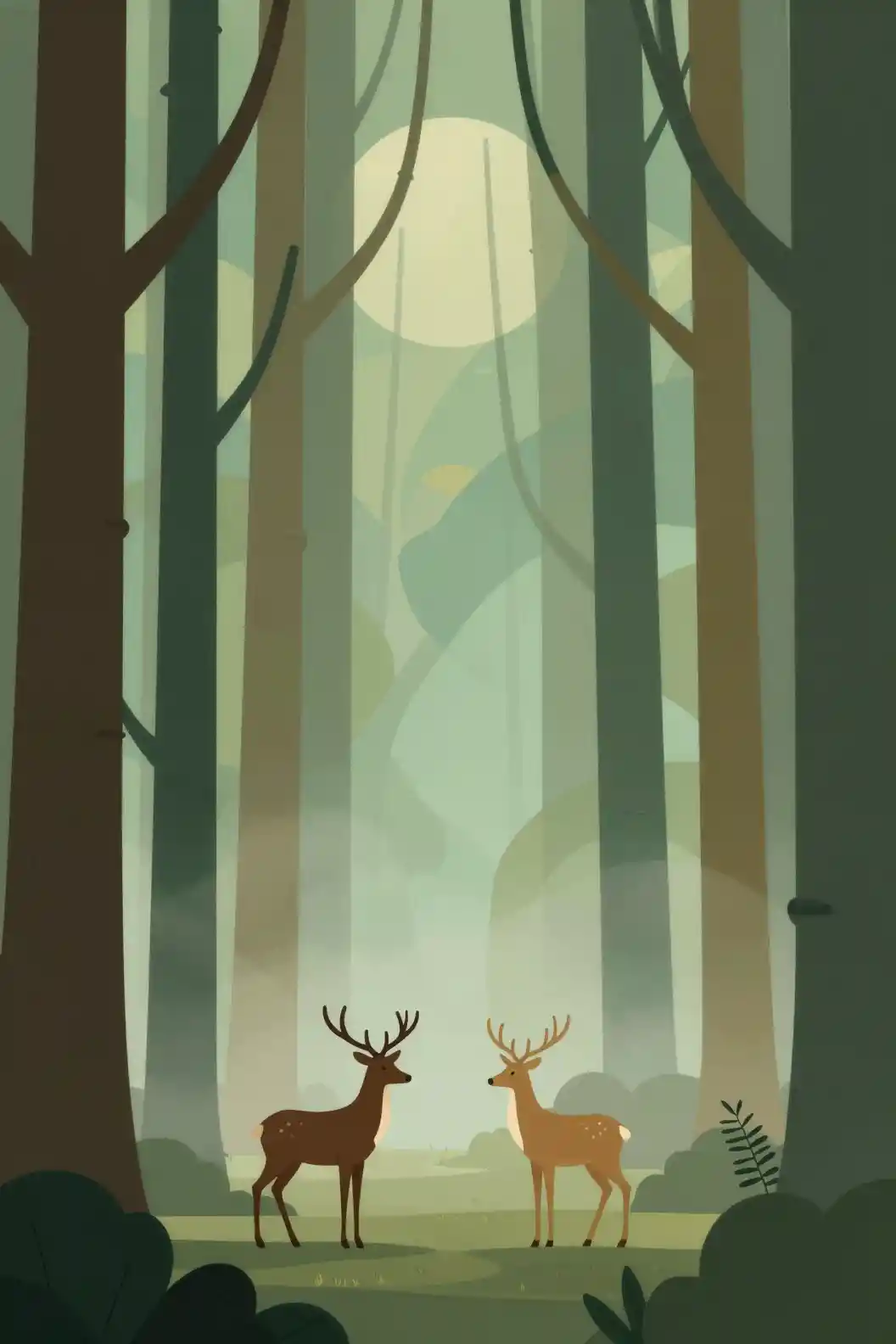 Two deer in a misty geometric forest clearing illustration