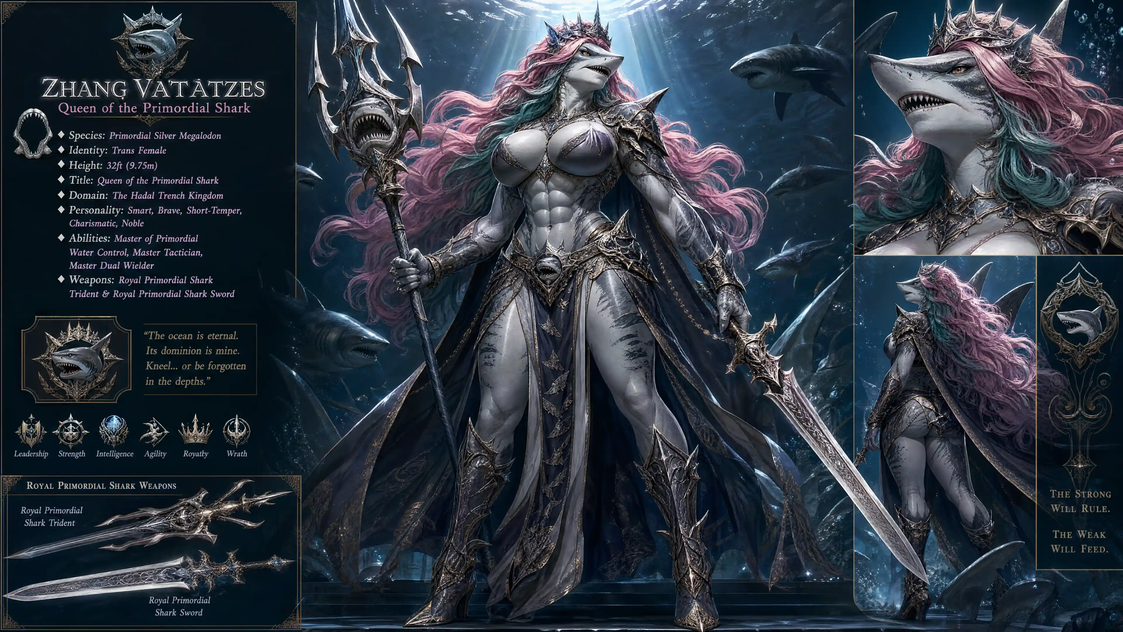 Regal shark queen with flowing pink and teal hair