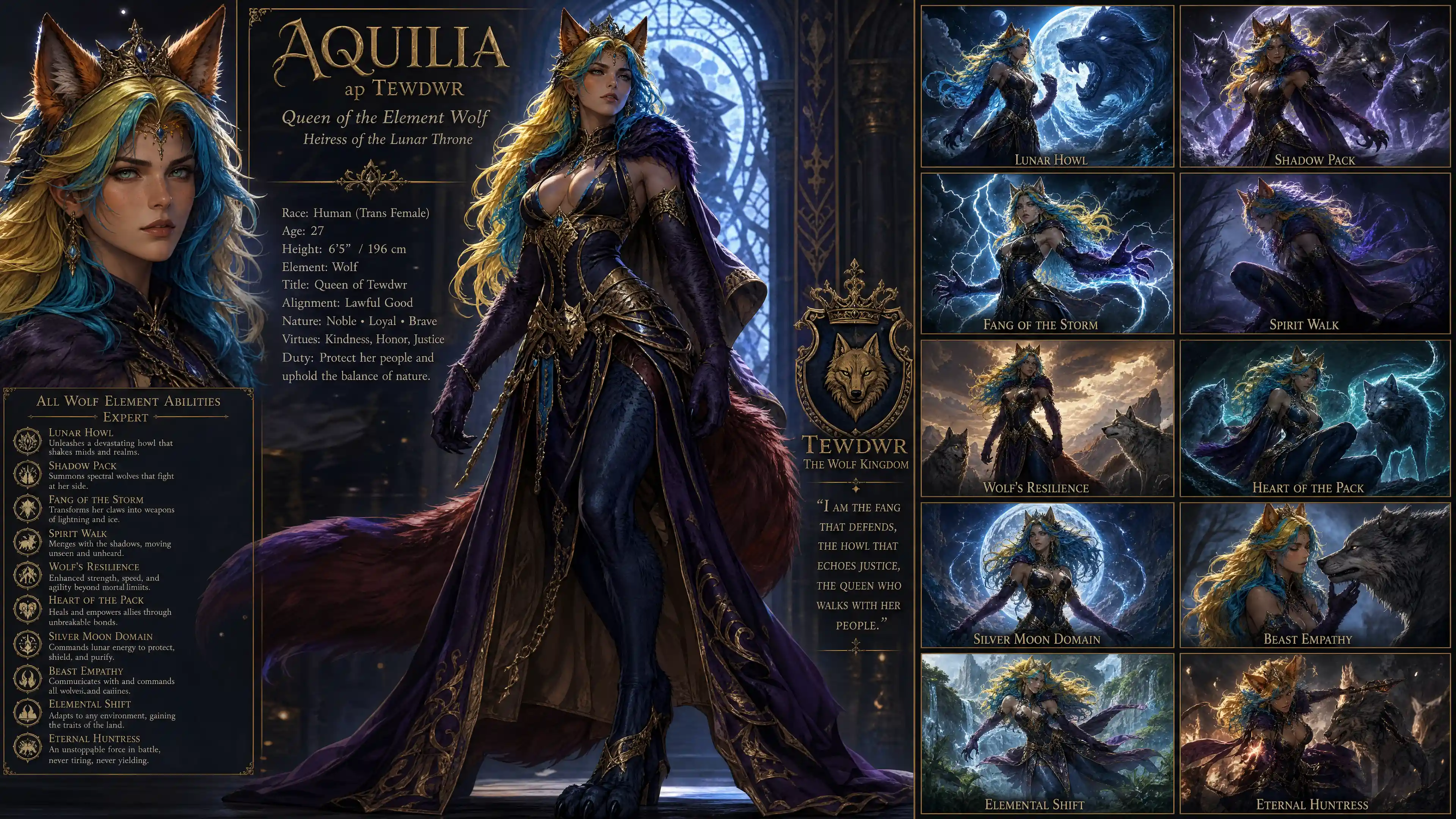 Regal wolf queen with vivid fur and flowing hair