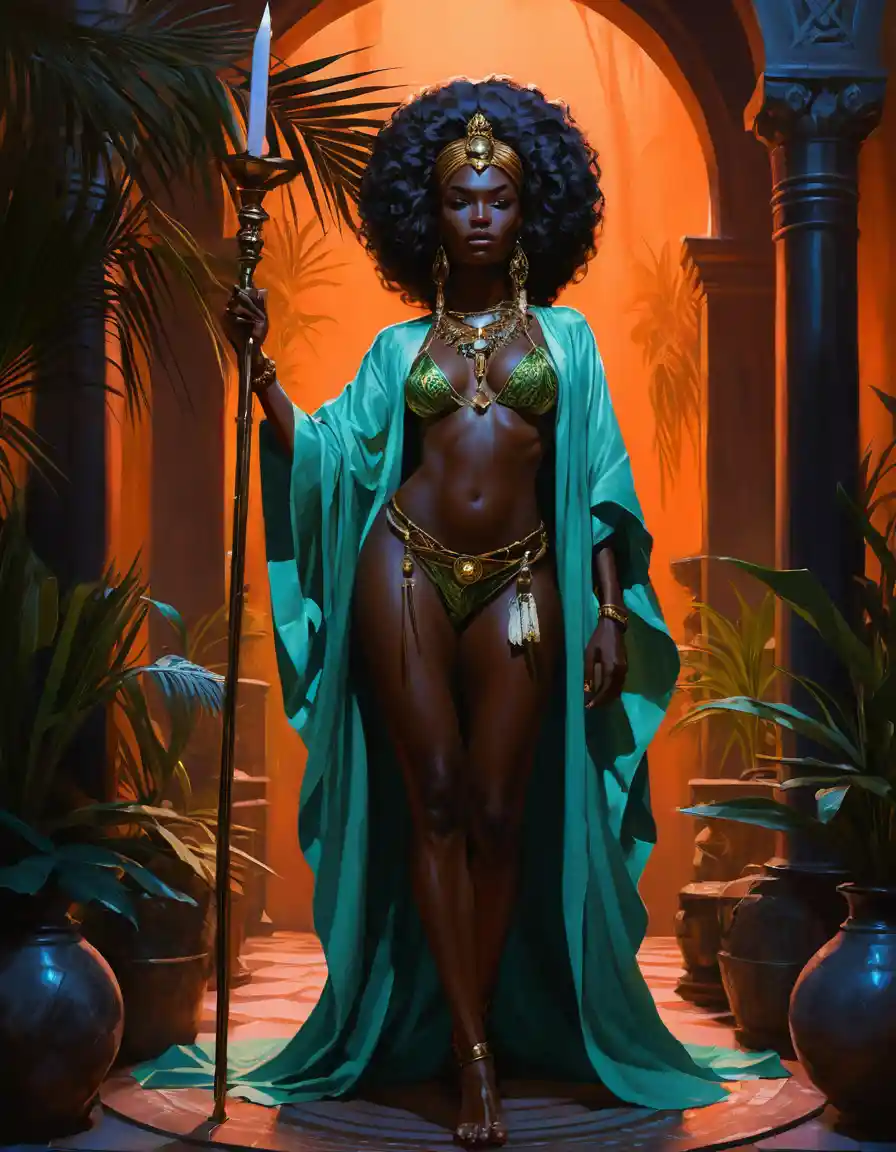 Ritratto fantasy a figura intera di una strega africana