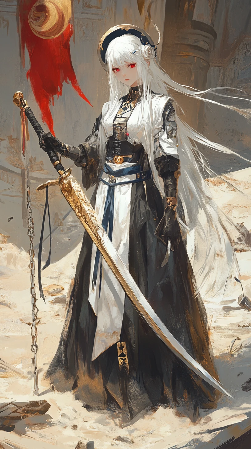 Battle scythe in sandy ruins with fluttering red white flag