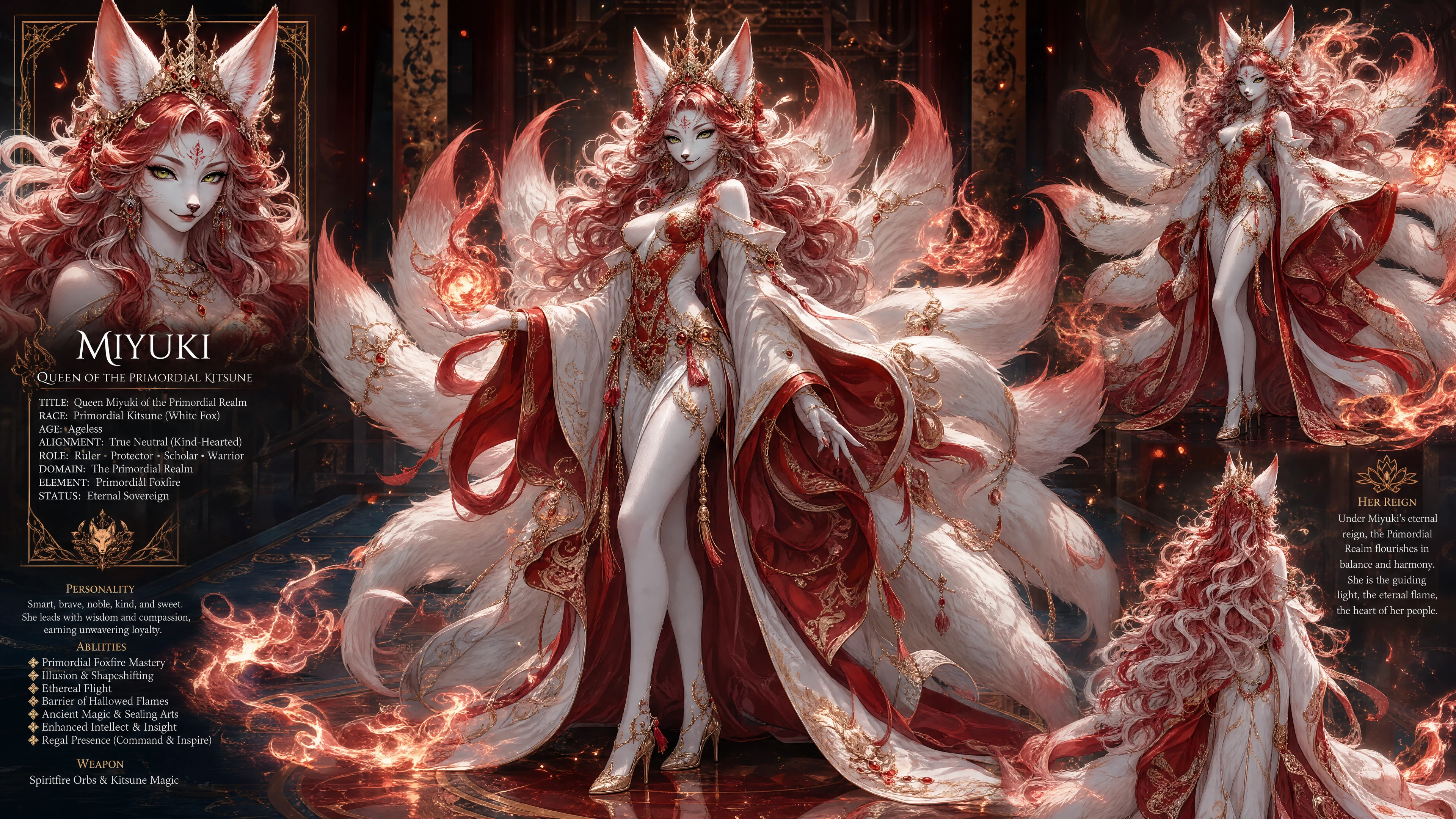 Regal nine tailed kitsune queen in ornate royal attire