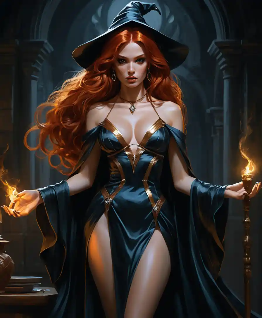 Red haired sorceress in a seductive fantasy character portrait