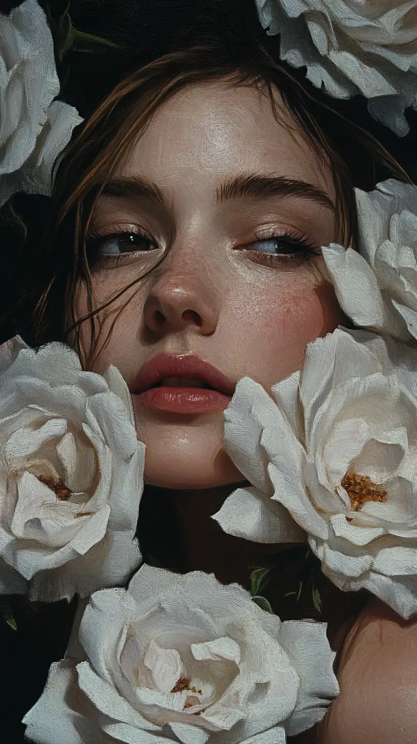 Close up portrait of a woman framed by white roses