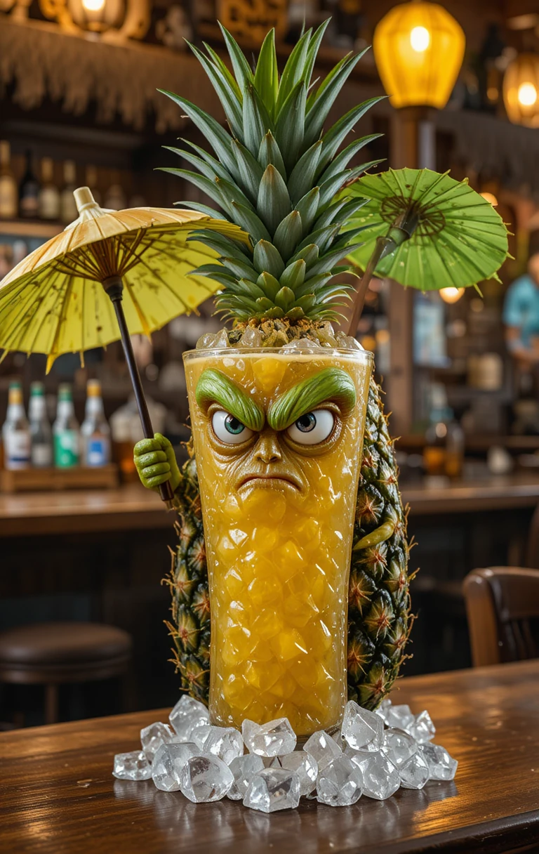 Angry Pineapple Facing A Glass Of Juice At Tiki Bar