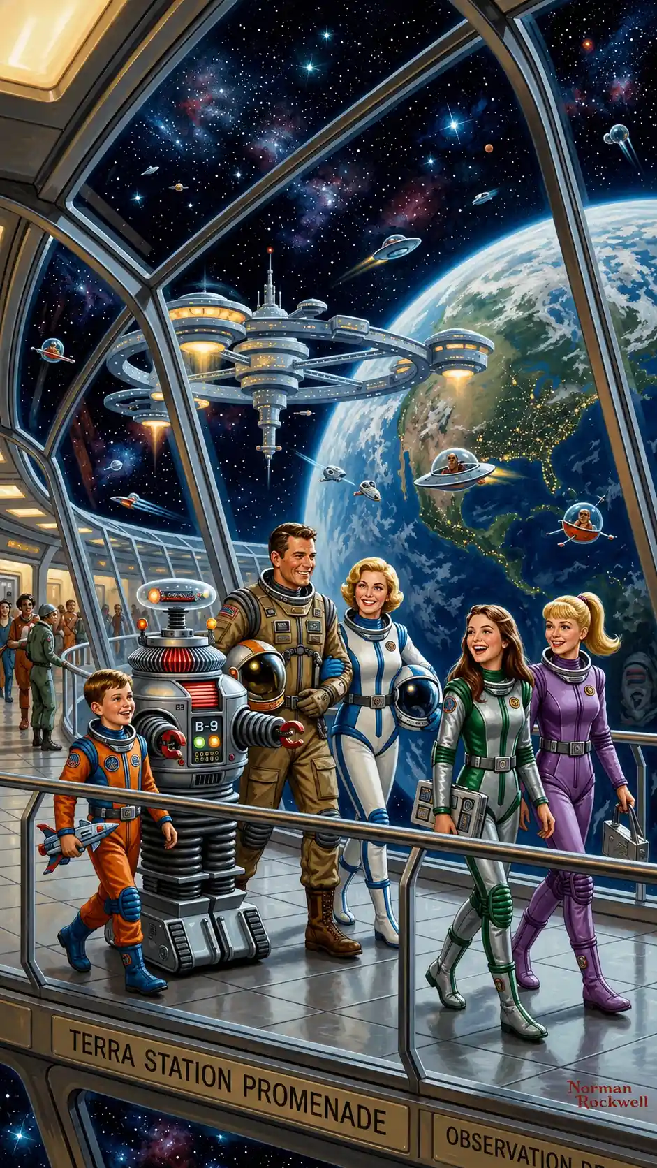 Space suited family walking through a futuristic city