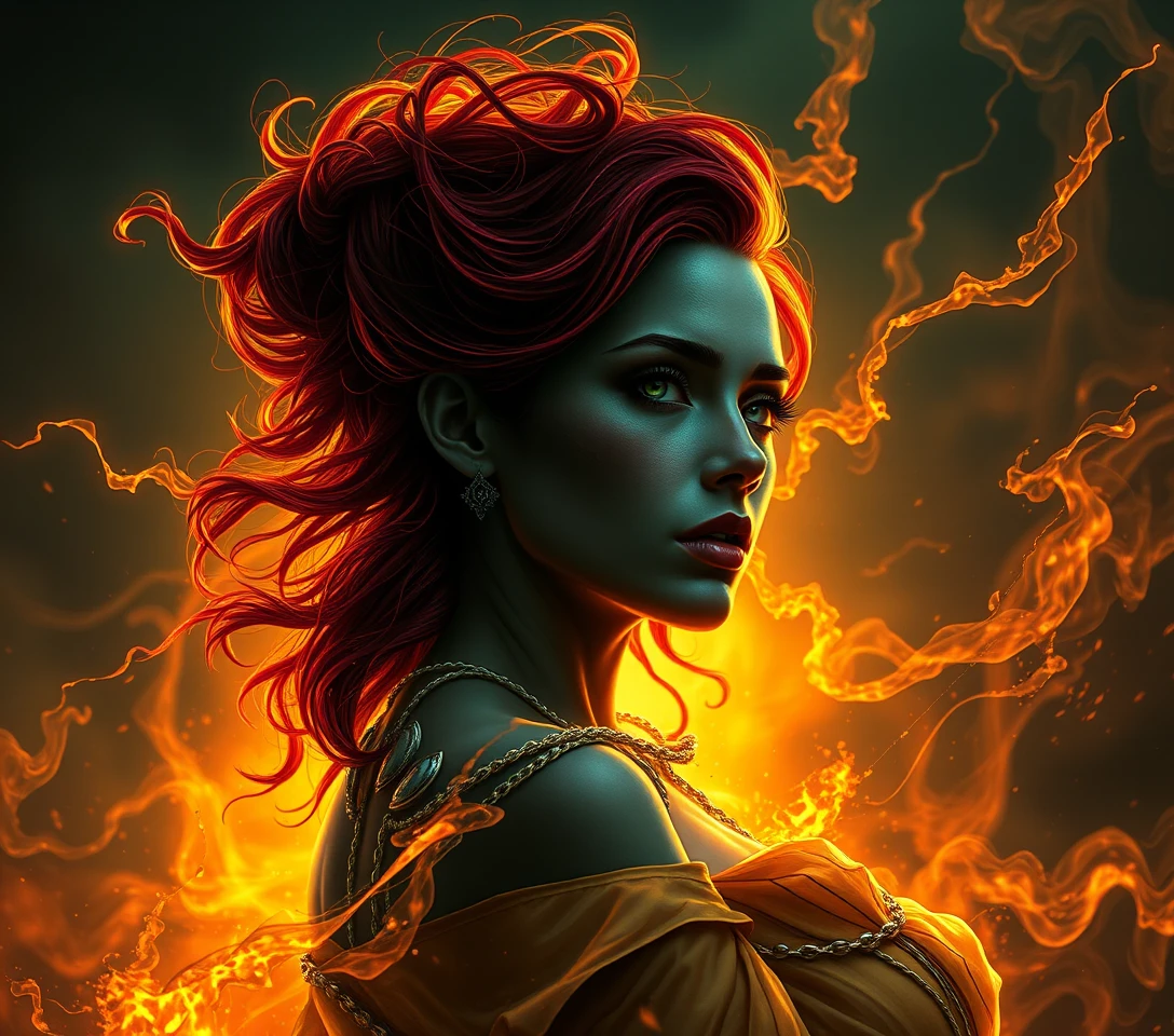 Spectral woman with ruby hair in a stormy sky
