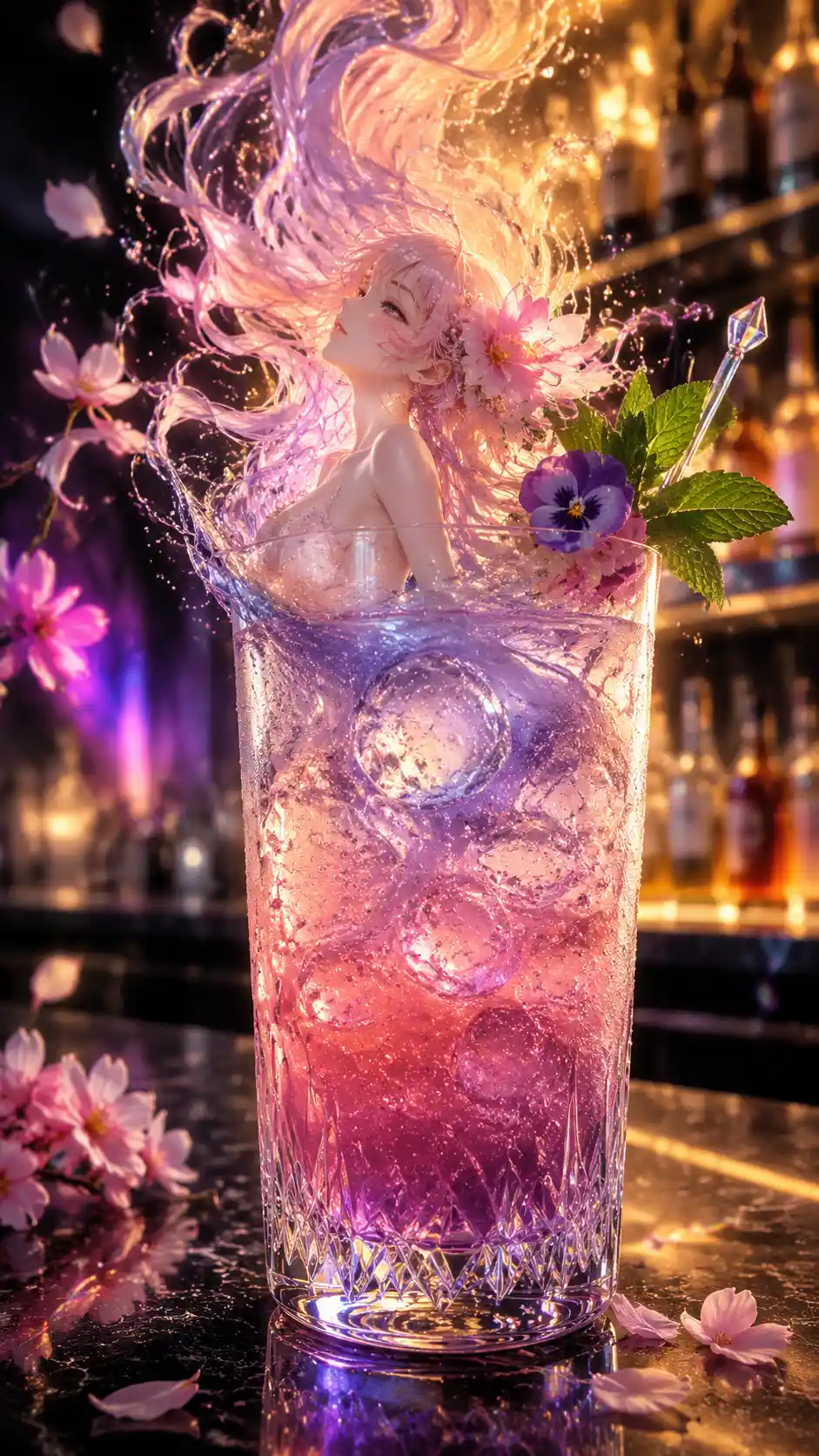 Anime girl emerging from crystal cocktail glass