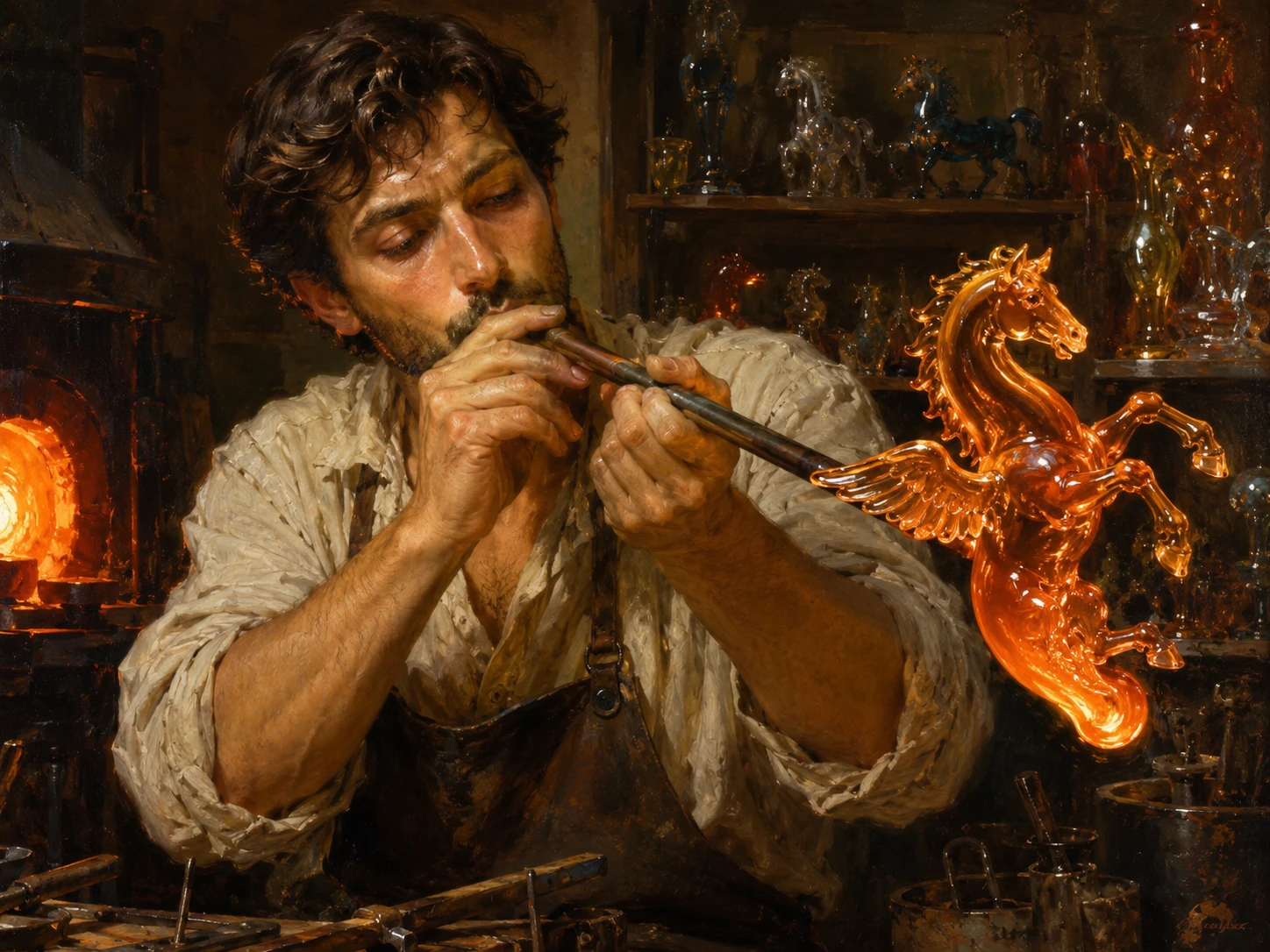 Close up oil portrait of a glassblower shaping molten glass