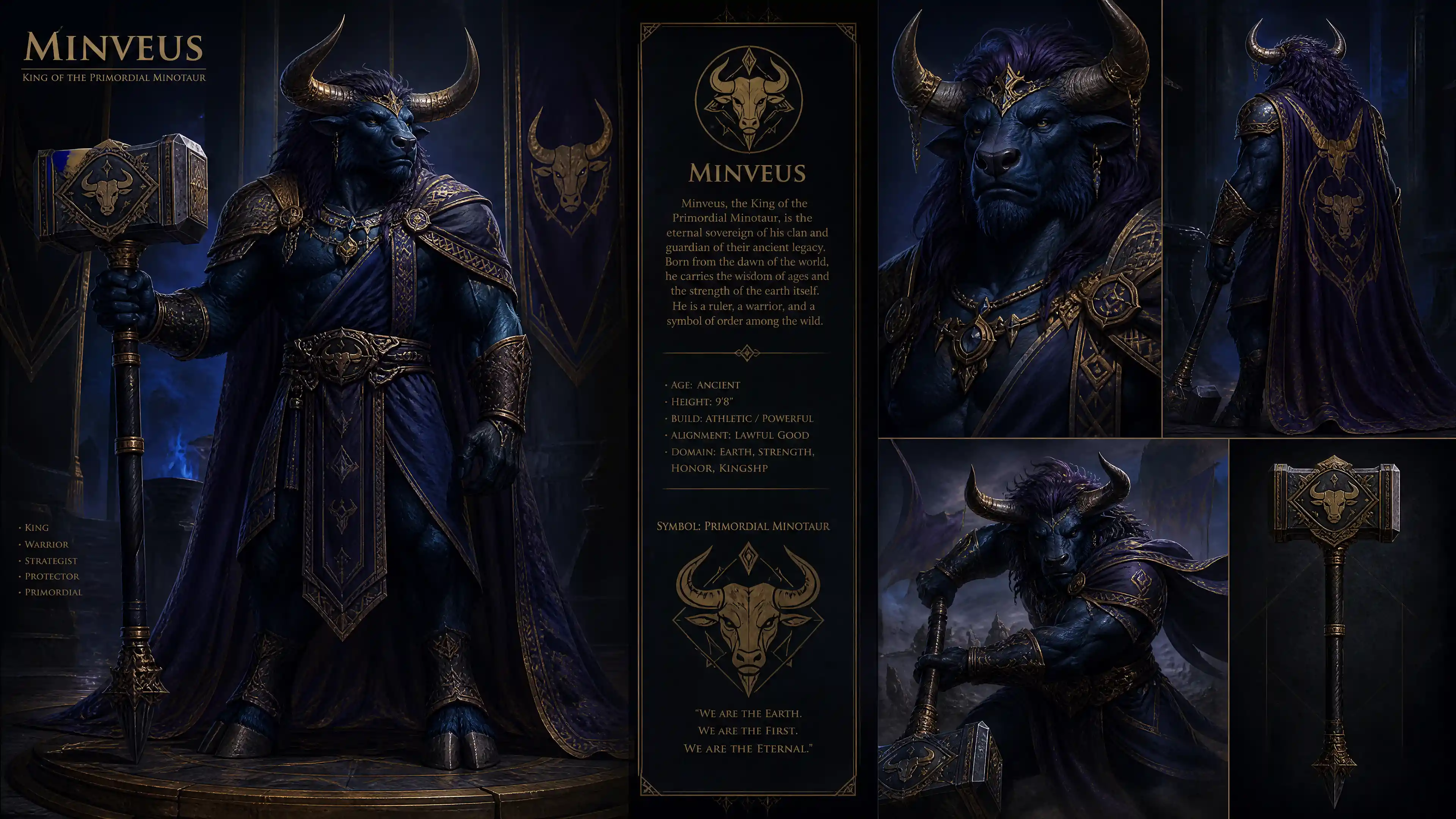 Regal primordial minotaur king with war hammer and royal garb