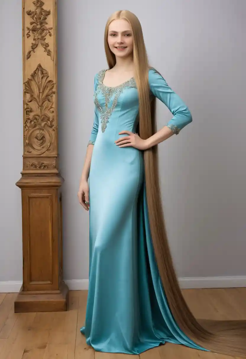 Smiling young woman with extremely long floor length hair