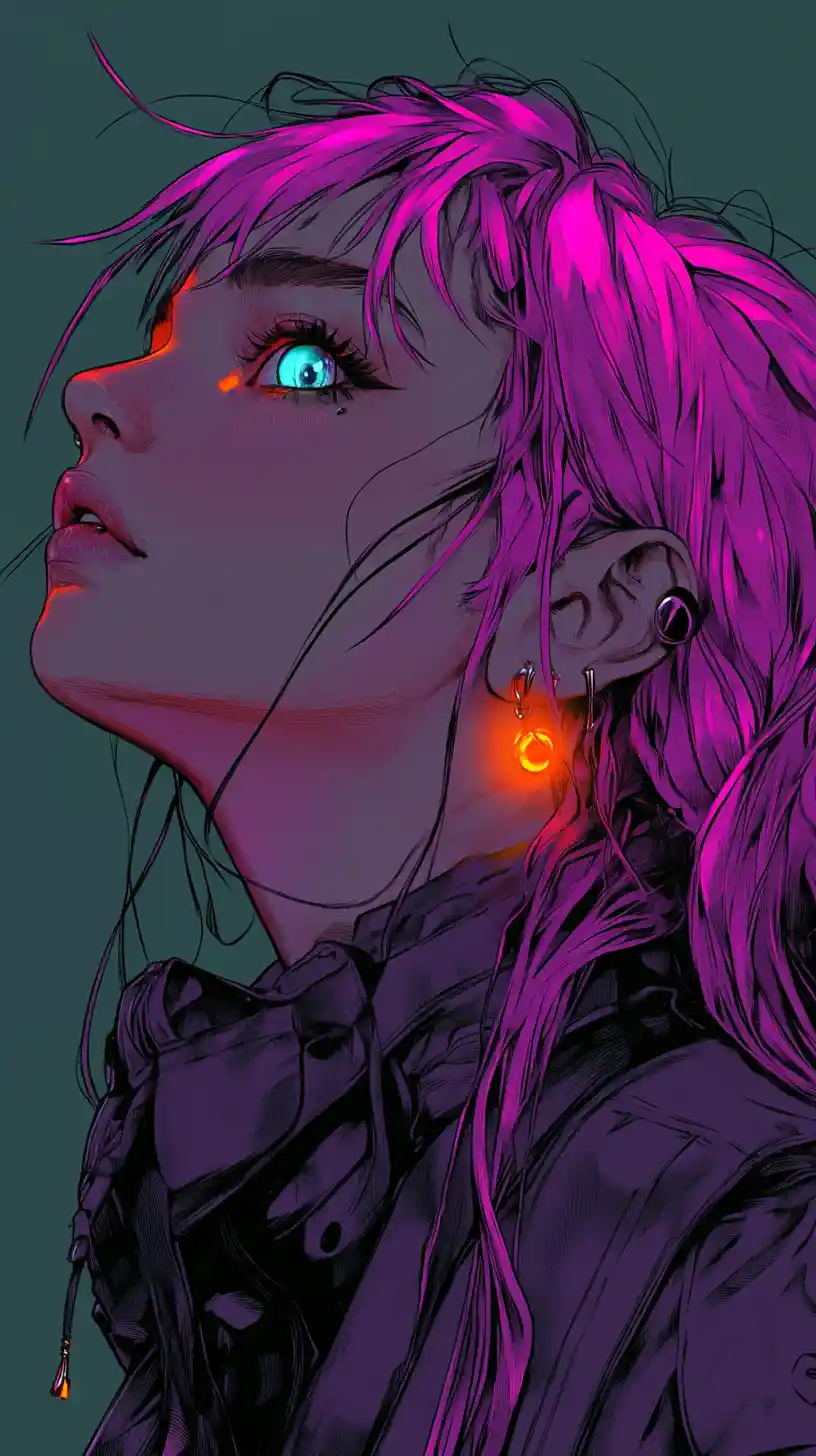 Anime woman with glowing magenta hair and emerald eyes