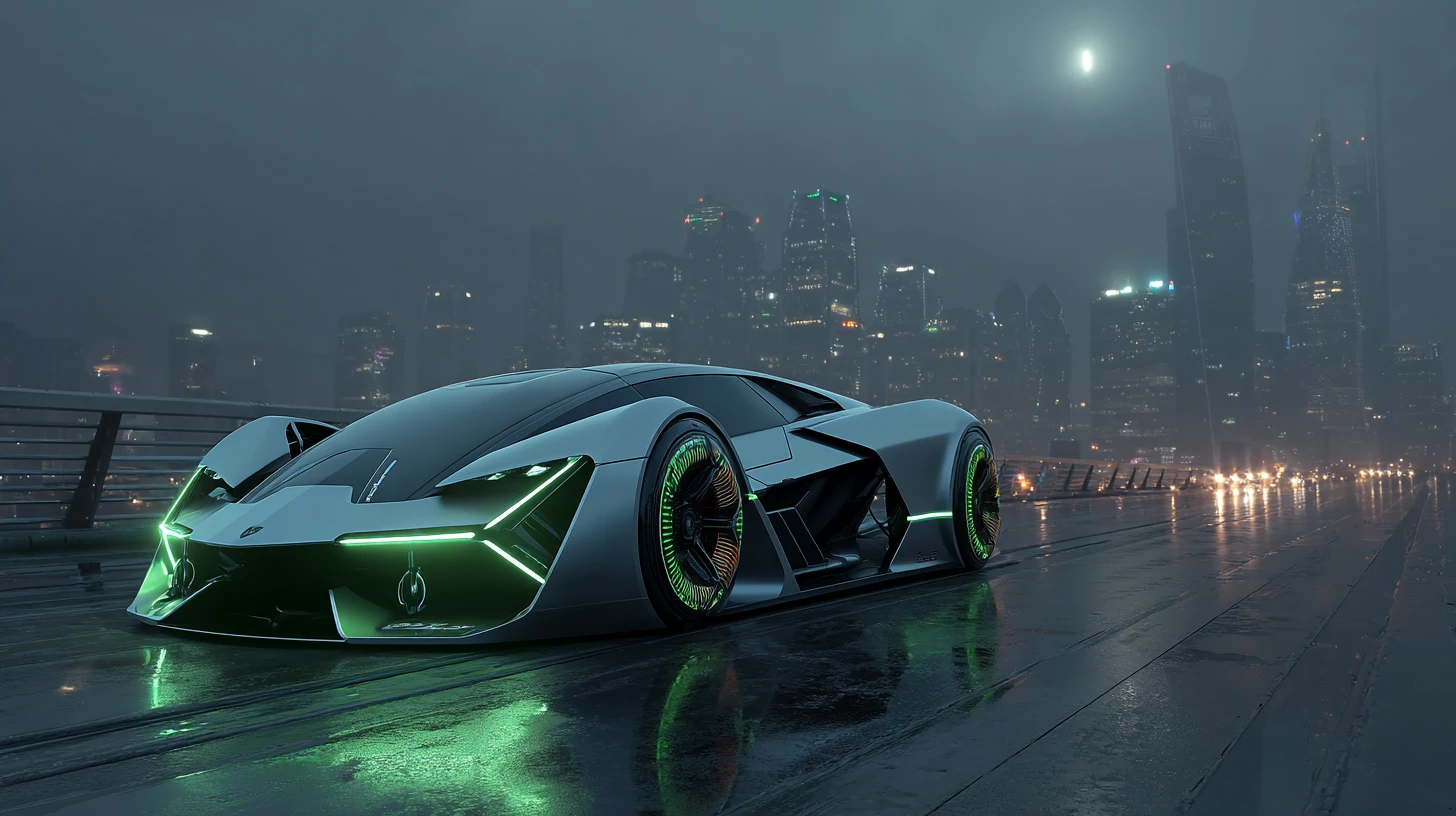 Coche plateado futurista bajo un cielo iluminado por la luna cerca de una ciudad lejana