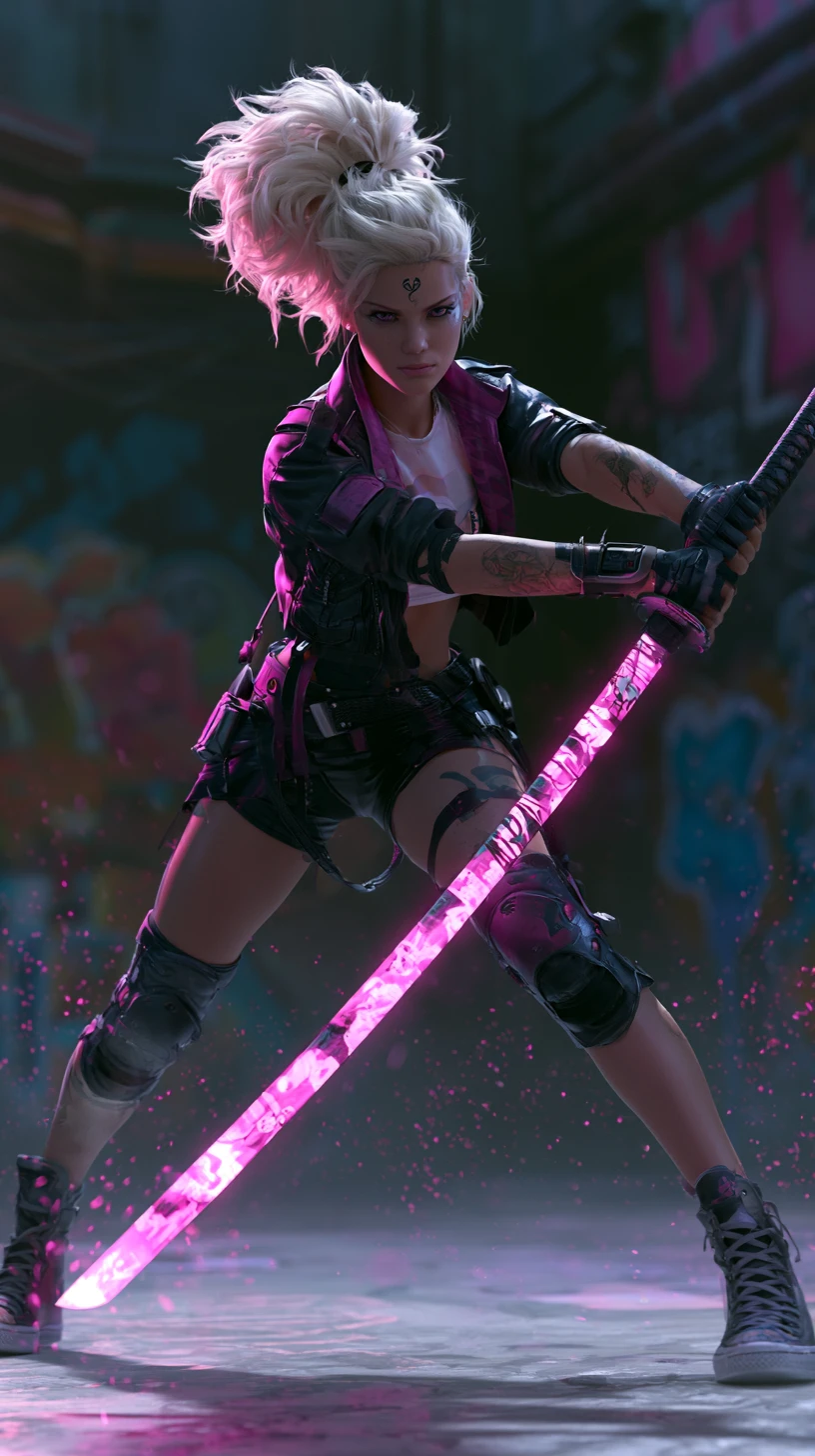Punk warrior woman with neon katana in alley