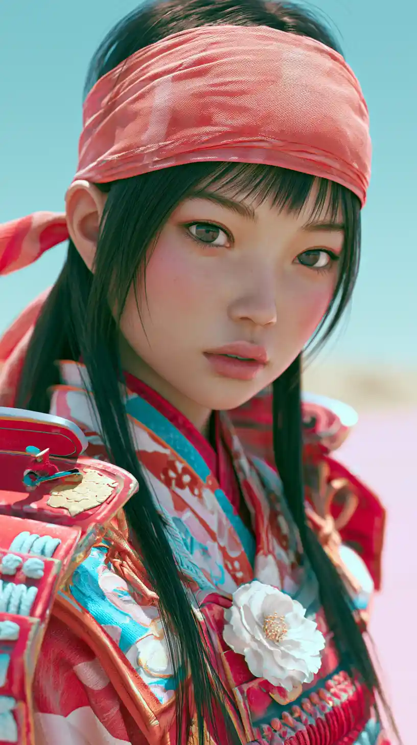 Samurai inspired Japanese woman in pink headband portrait