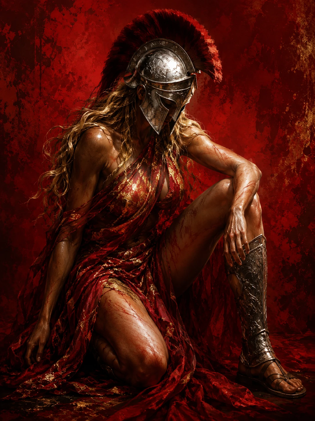 Guerrera con casco sobre un fondo rojo intenso