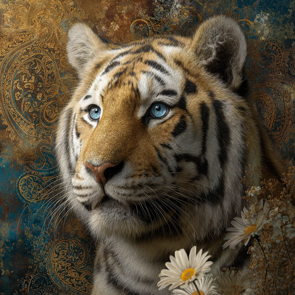 Majestic tiger portrait with blue eyes and golden patterns