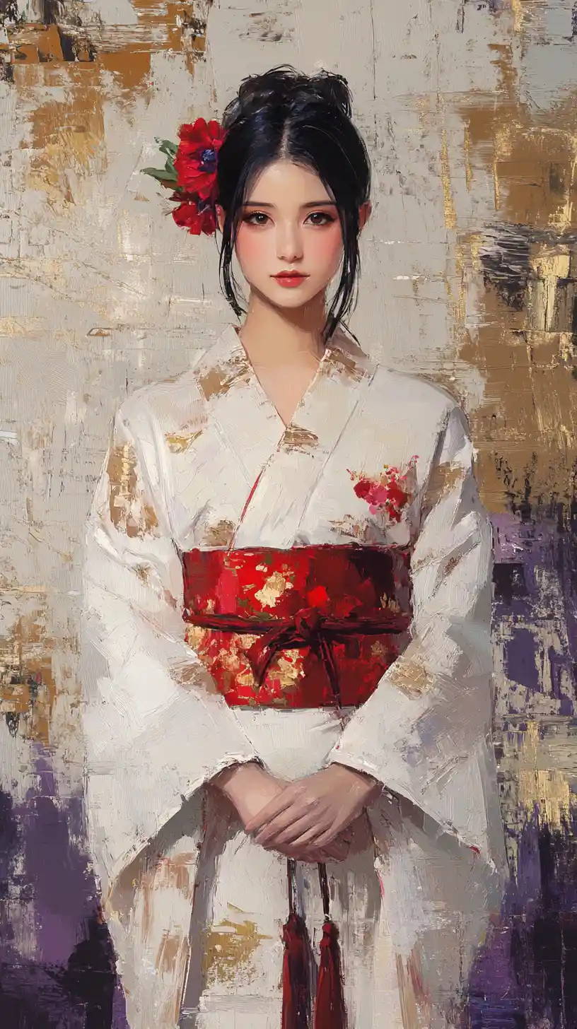 Elegant East Asian girl in white and gold kimono portrait