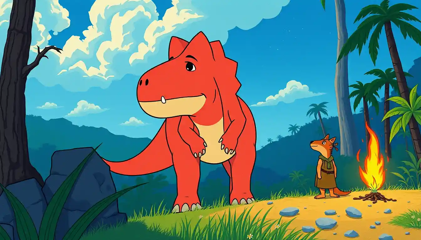 Whimsical prehistoric characters in vibrant retro illustration style