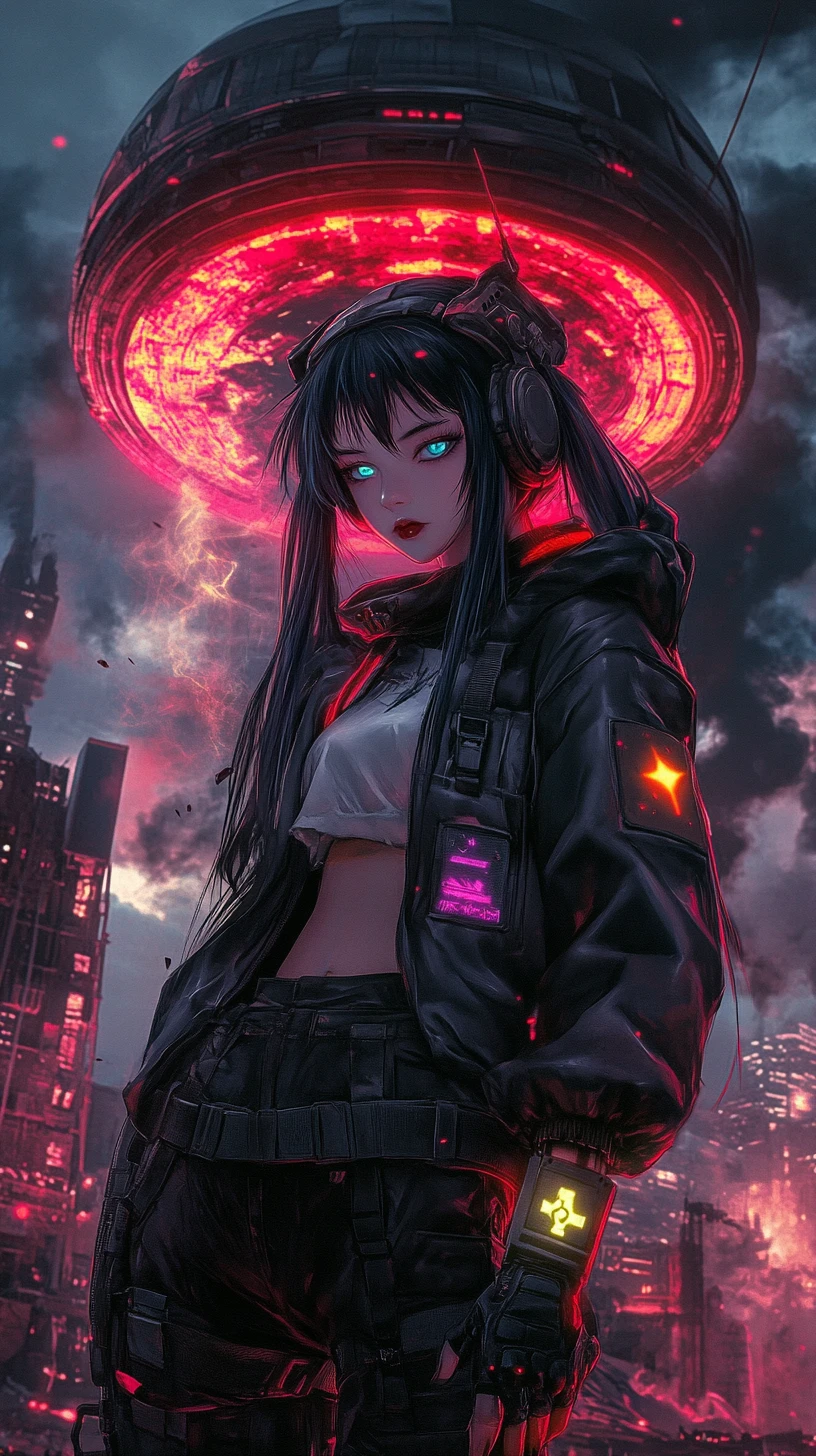 Anime girl smoking before a glowing futuristic structure