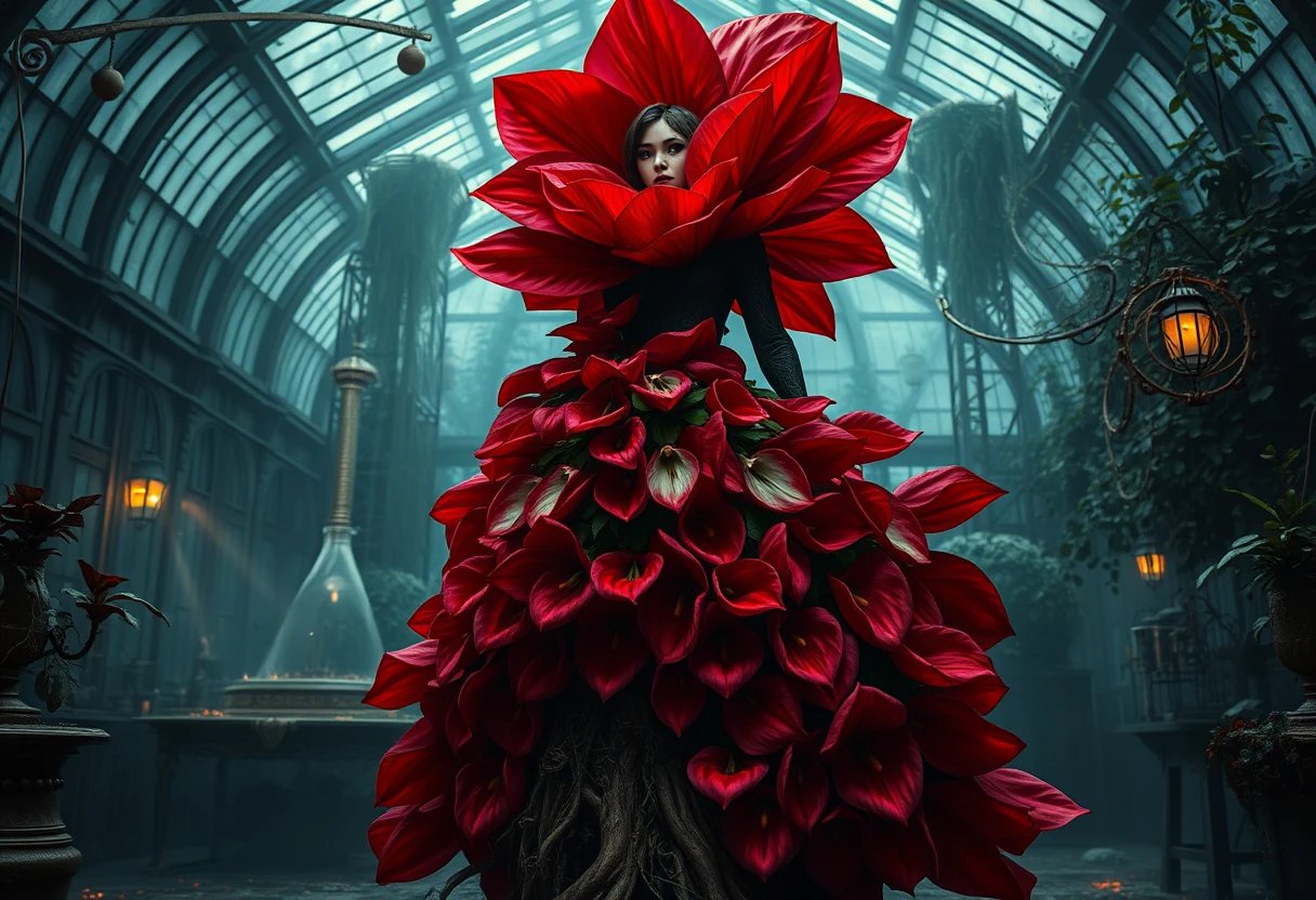 Steampunk plant hybrid woman in a misty ruined laboratory