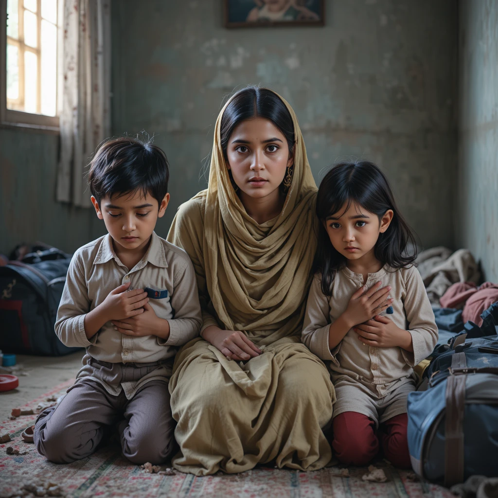 Worried mother comforting two sick children at home