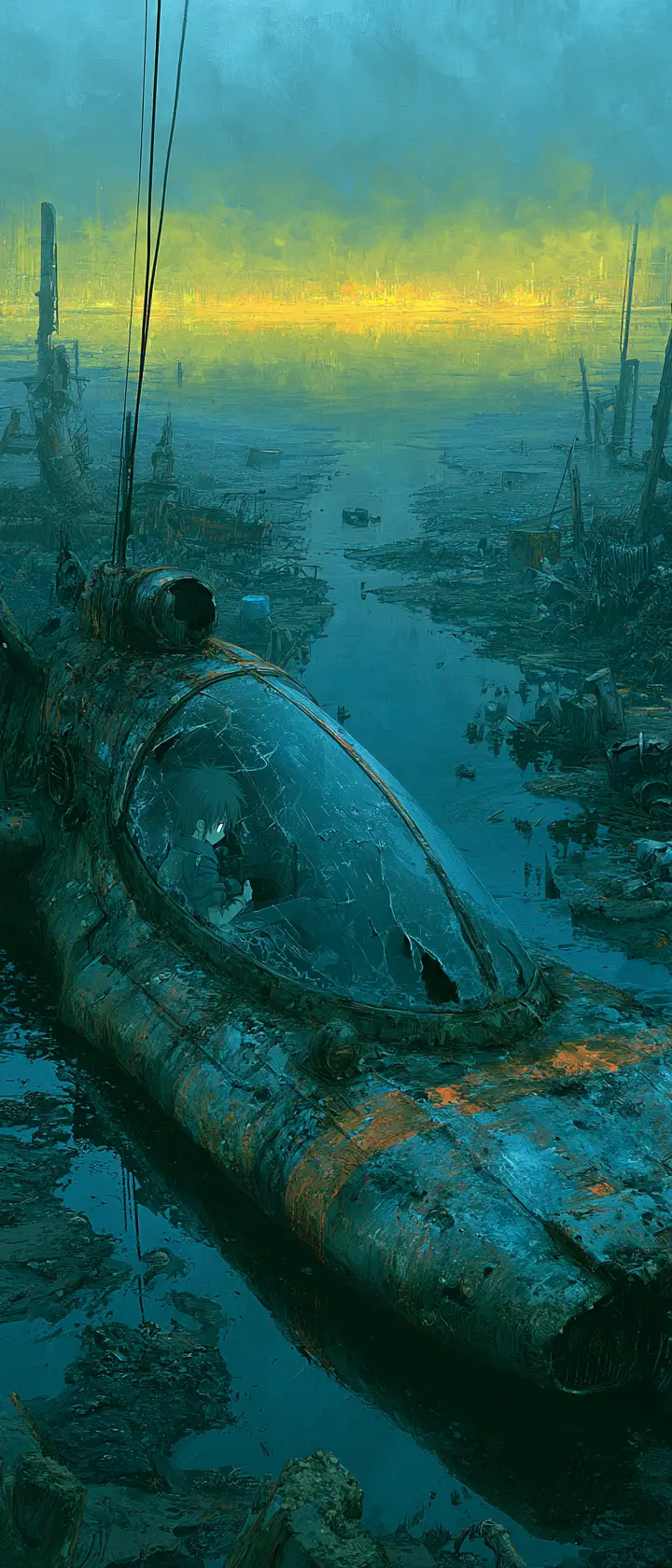 Anime figure in rusted flying car above dystopian city