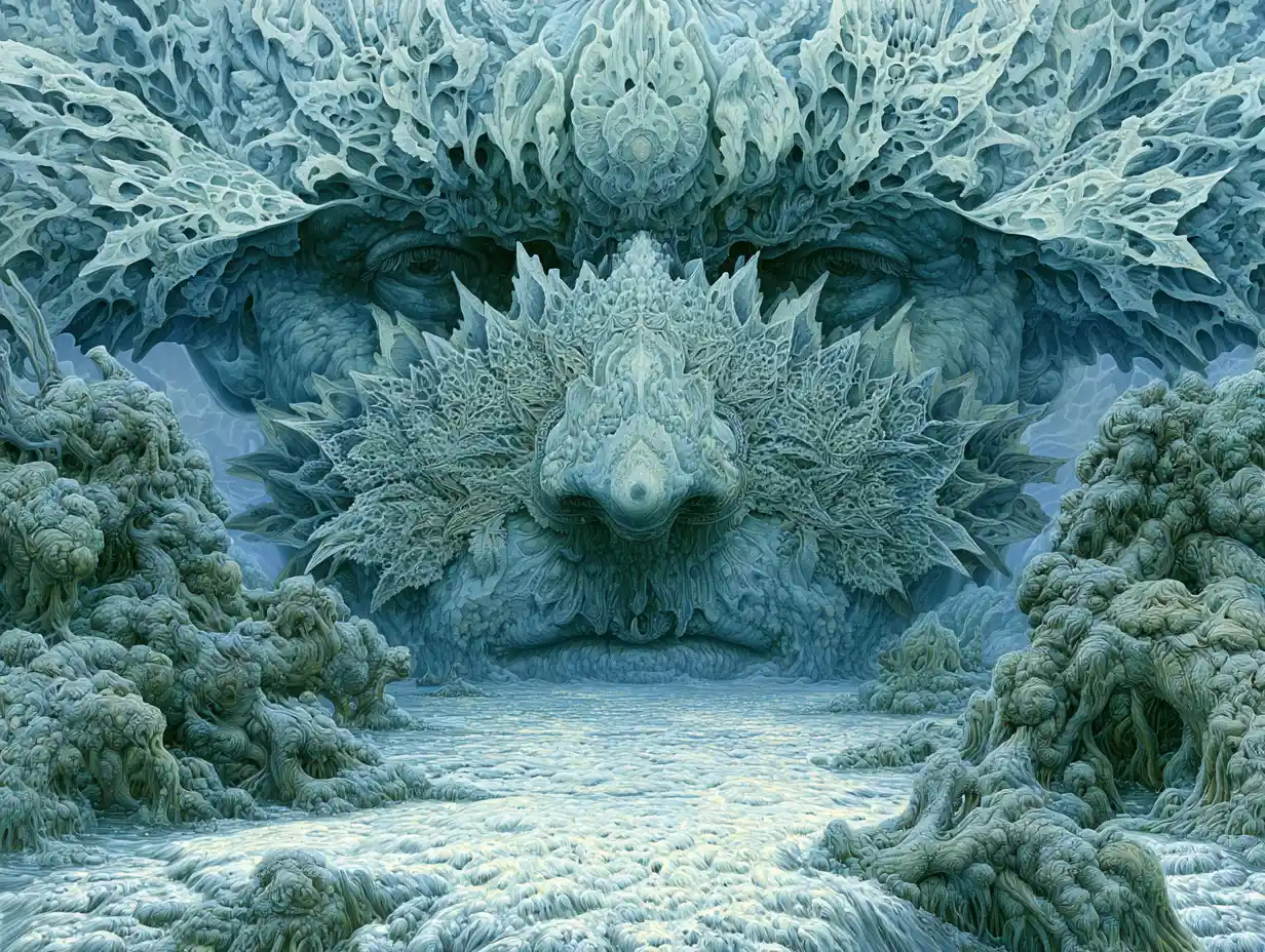Colossal humanoid beings rising from a luminous primordial mire