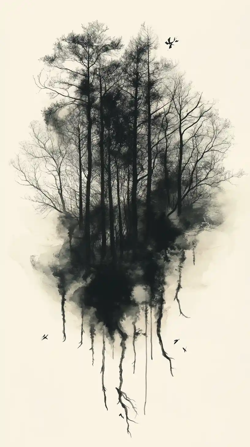 Abstract forest trees rendered as flowing ink and watercolor