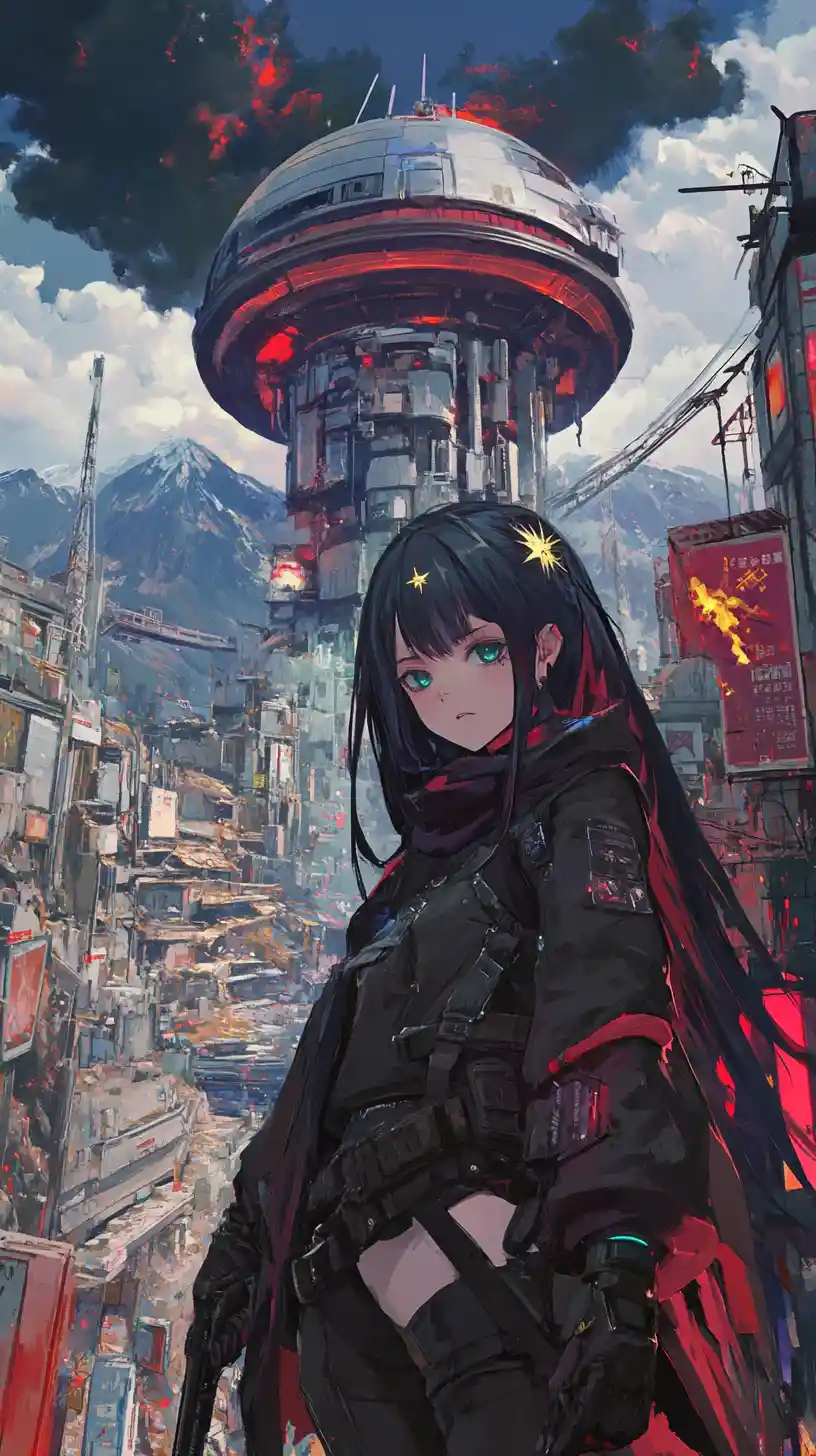 Anime girl smoking before a futuristic crystal mine entrance