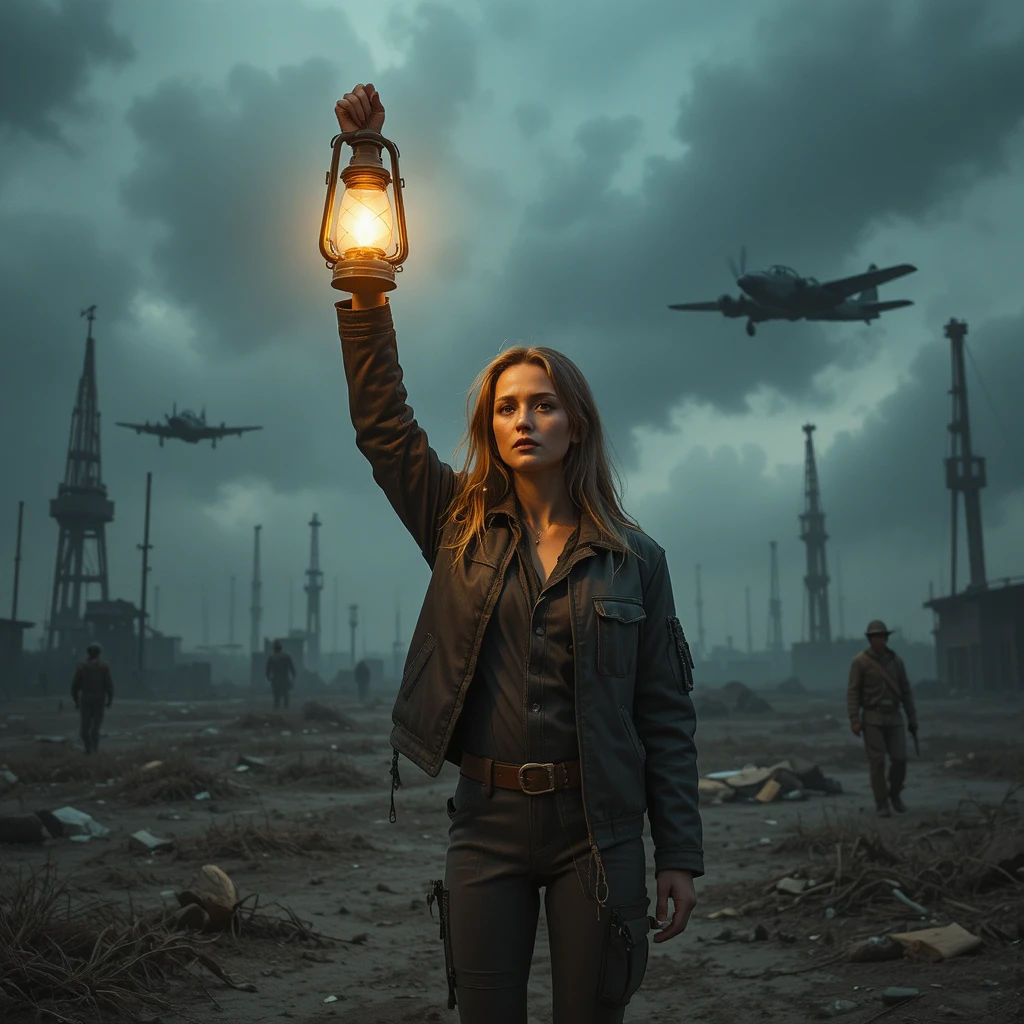 Woman with lantern in desolate post apocalyptic wasteland