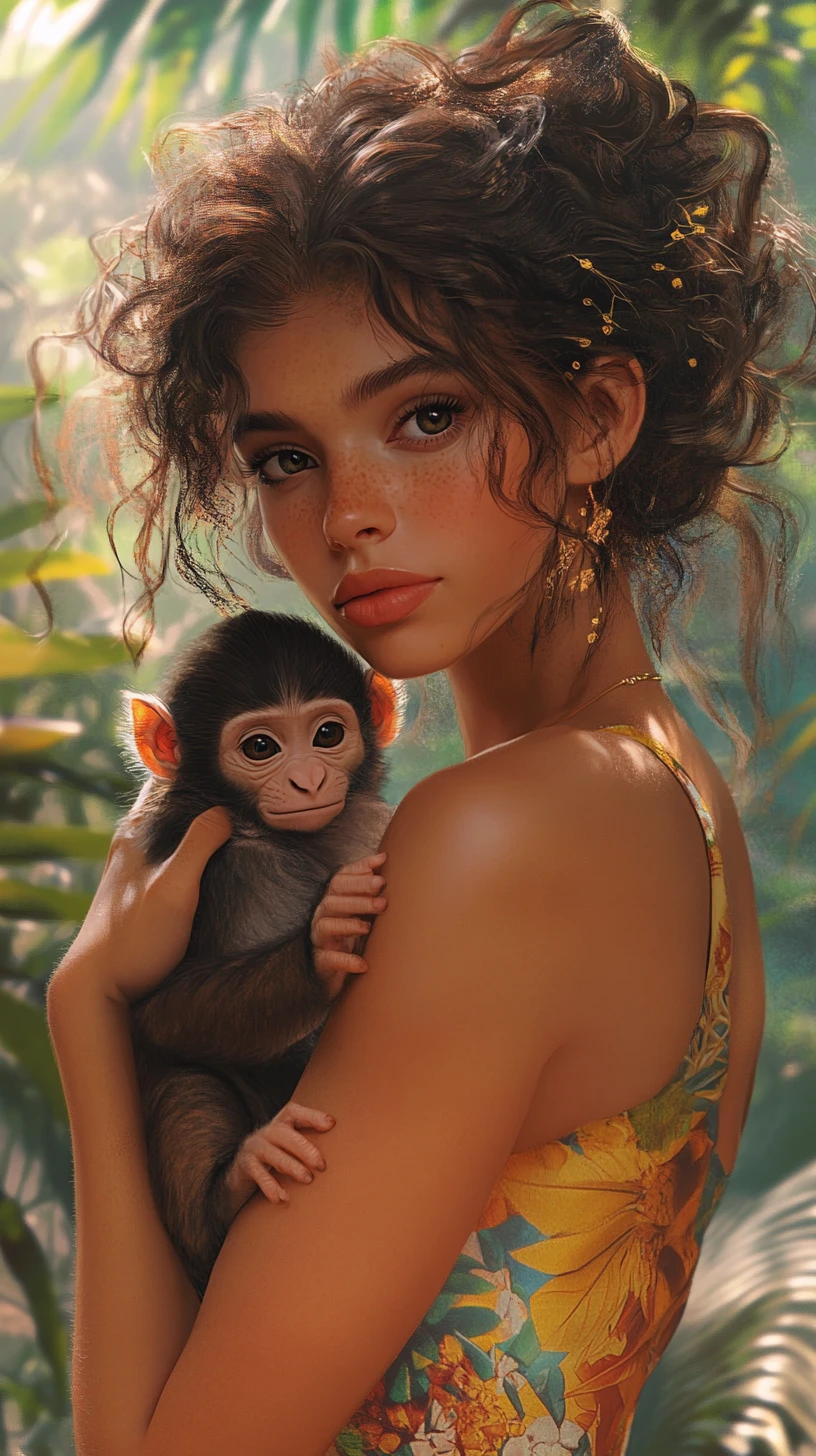 Woman holding a baby monkey in a glowing jungle scene