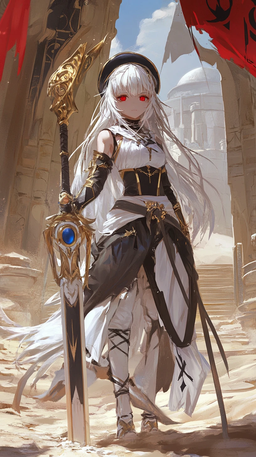 Anime girl beside battle scythe in mystical sandy ruins