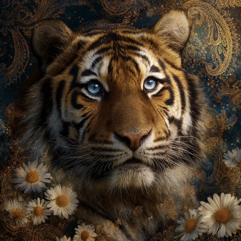 Maestoso ritratto di tigre con occhi azzurri e paisley dorato
