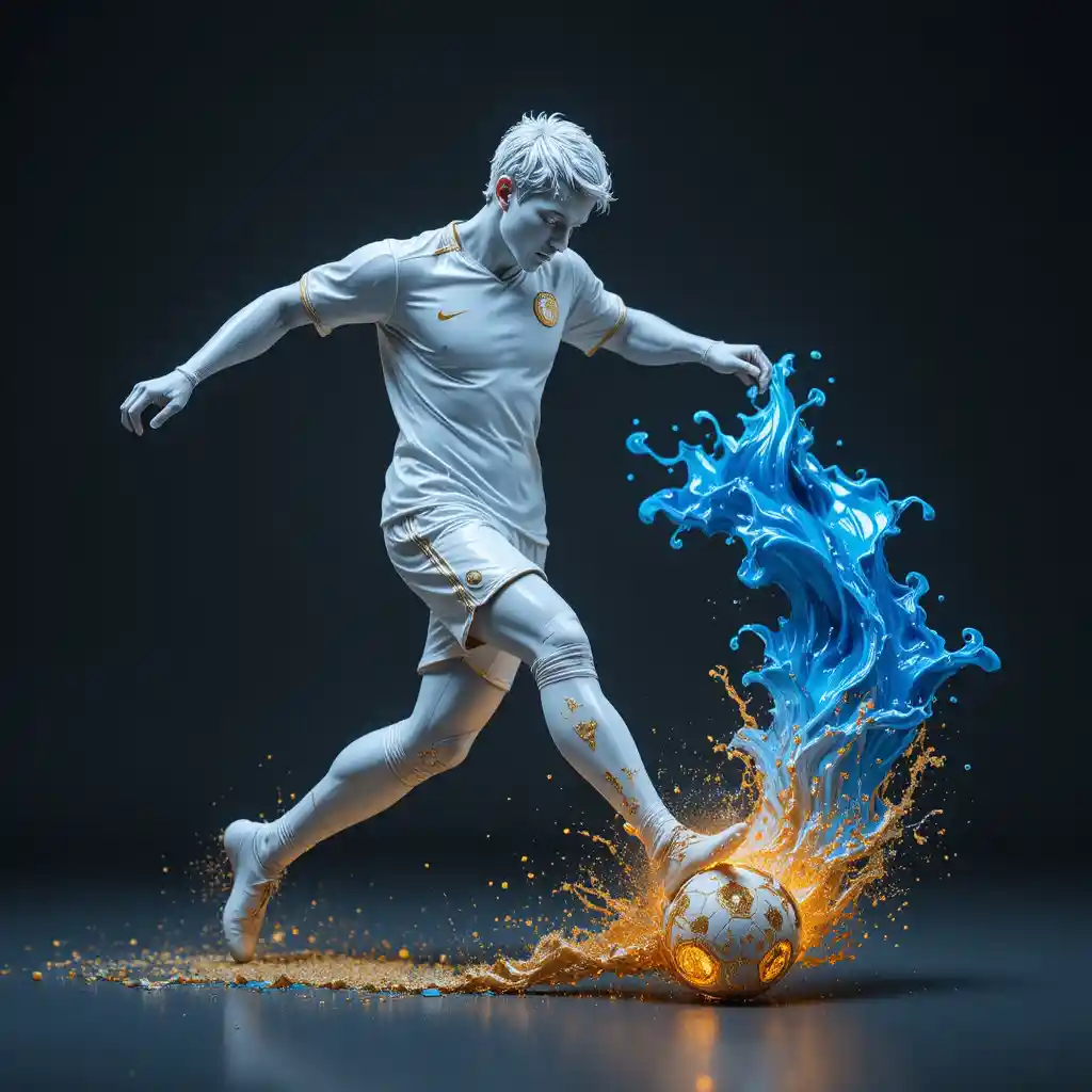 Ceramic soccer player mid kick with flowing paint and light