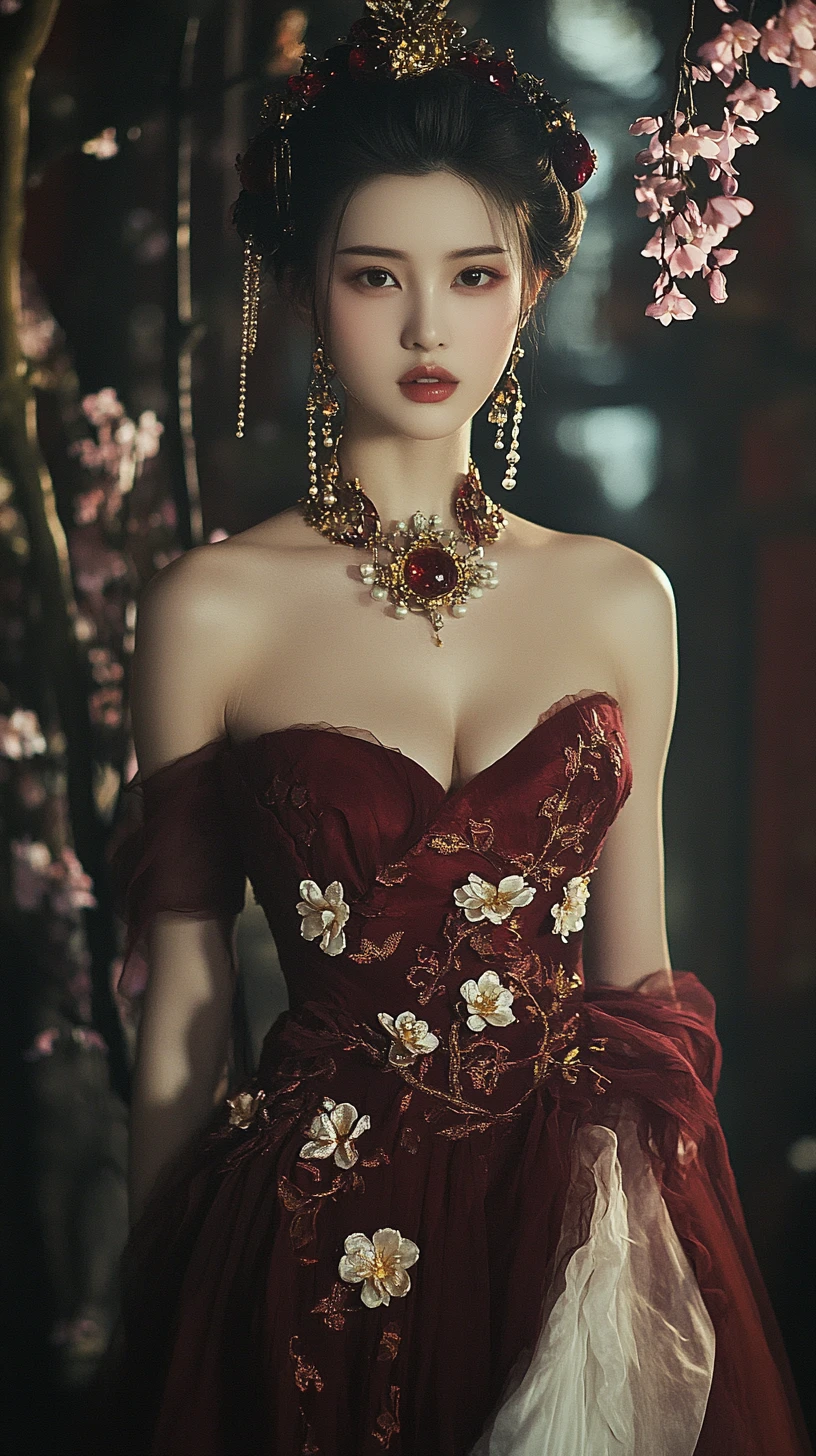 Empress In Garnet Gown With Blossoms In The Dark