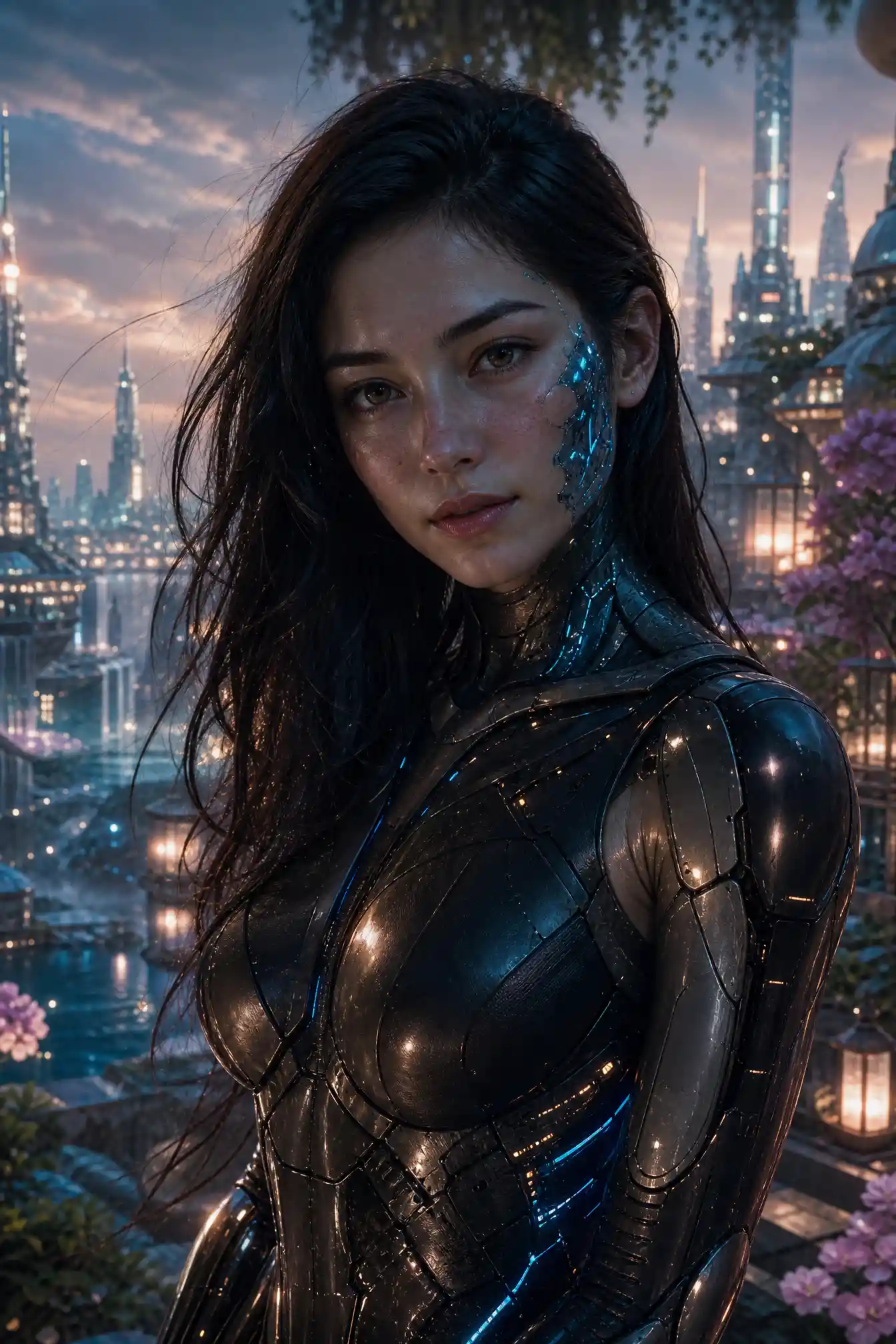Romantic portrait of a cybernetic woman in a future city
