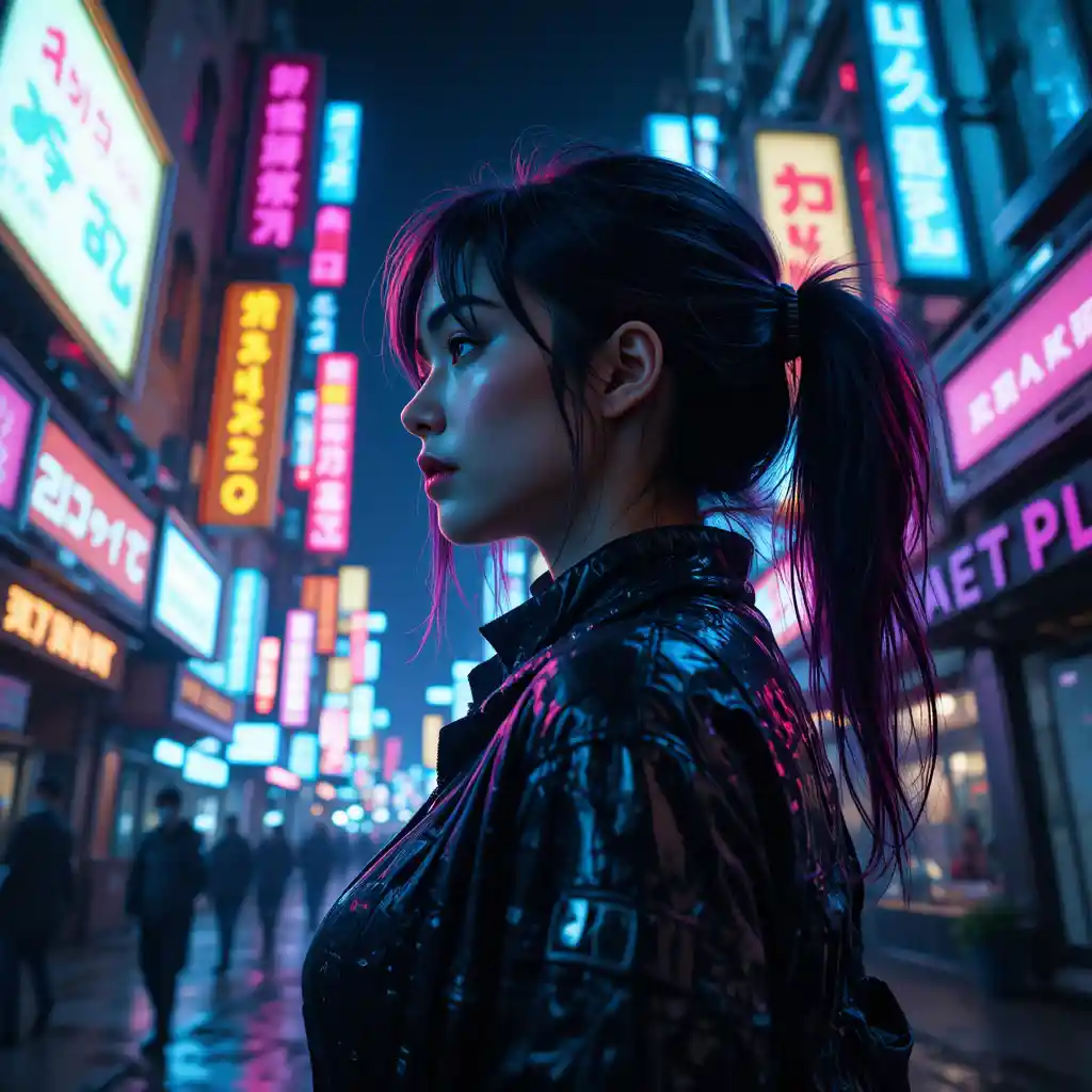 Cyberpunk girl in profile on neon drenched city street