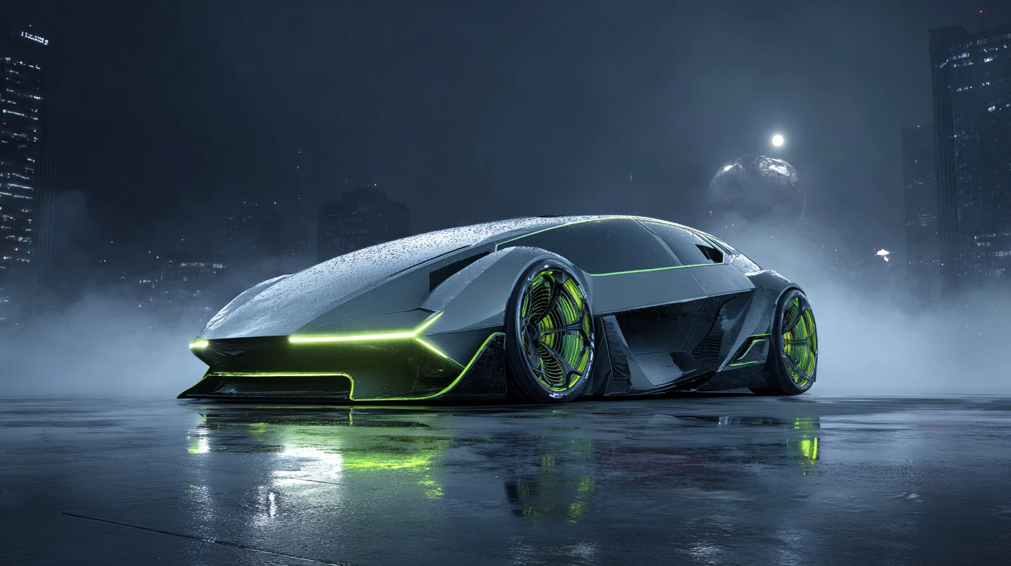 Futuristic silver car under a misty moonlit city sky