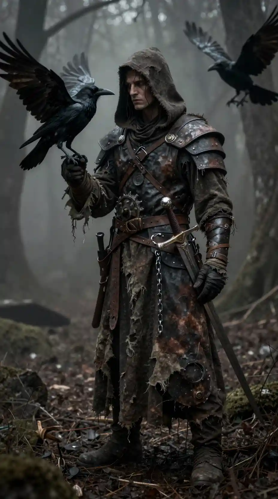 Hooded wanderer with raven in a misty haunted forest