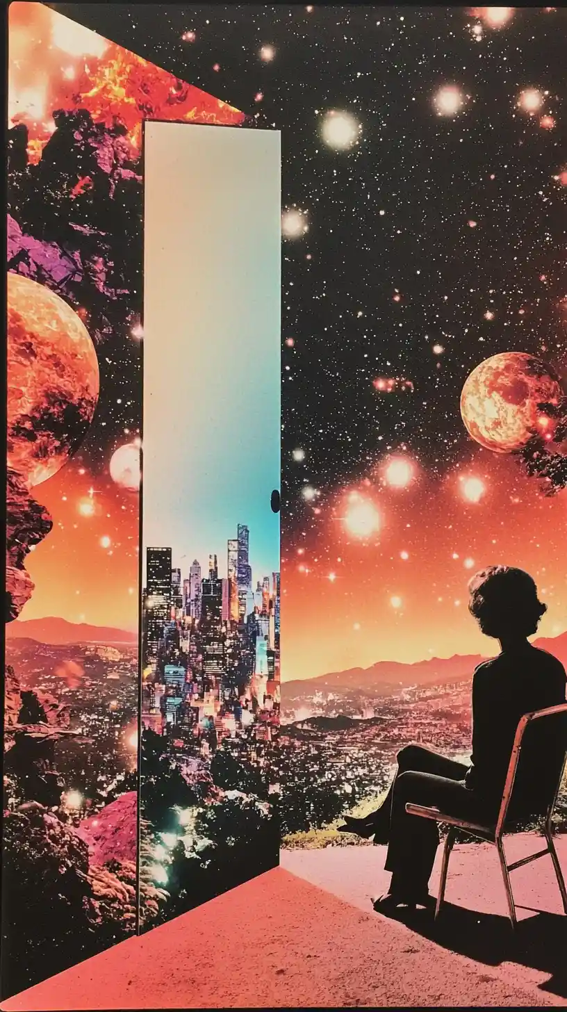 Person on hill beside door with glowing distant city