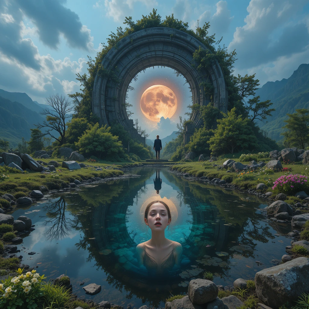Surreal ruins of time reflected in a dreamlike landscape